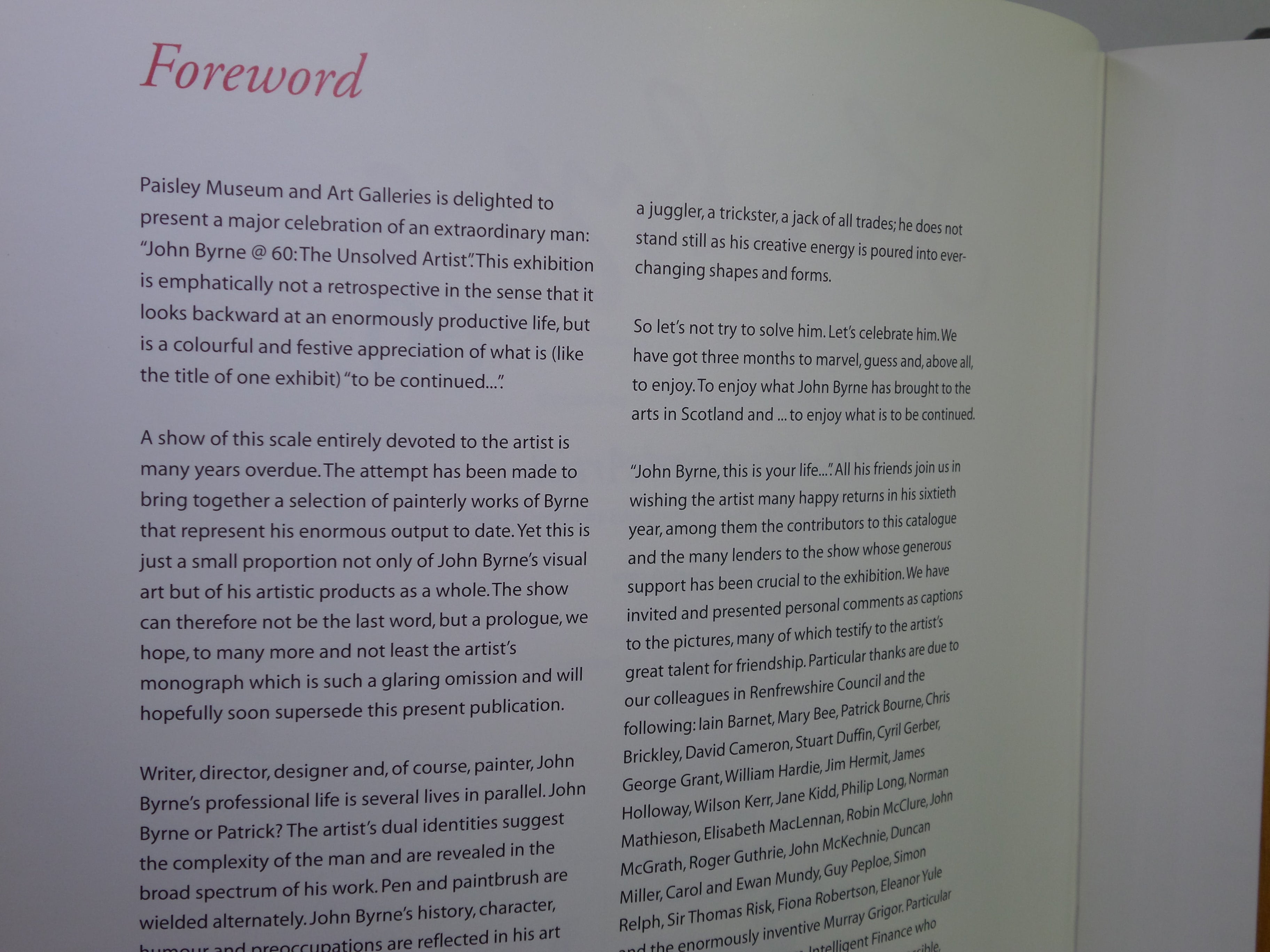 JOHN BYRNE @ 60: THE UNSOLVED ARTIST 2000 RARE SIGNED EXHIBITION CATALOGUE