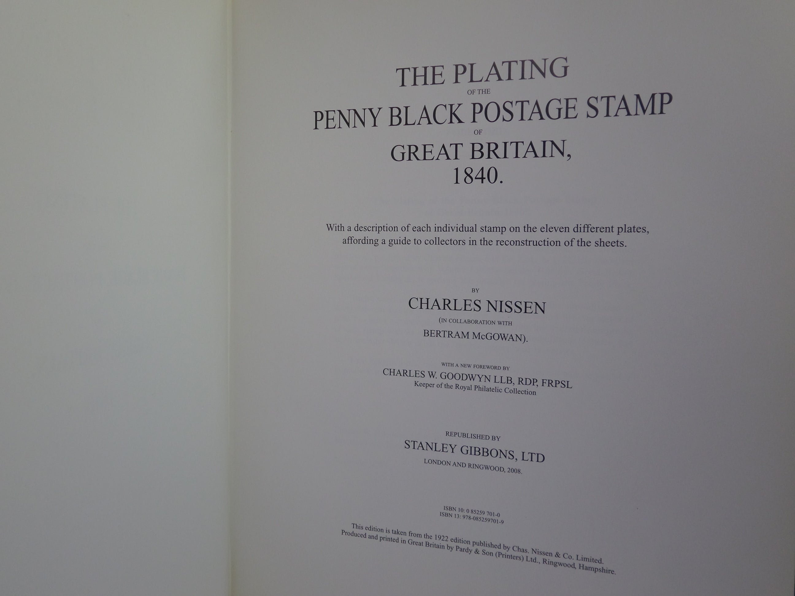 THE PLATING OF THE PENNY BLACK POSTAGE STAMP OF GREAT BRITAIN BY CHARLES NISSEN 1998