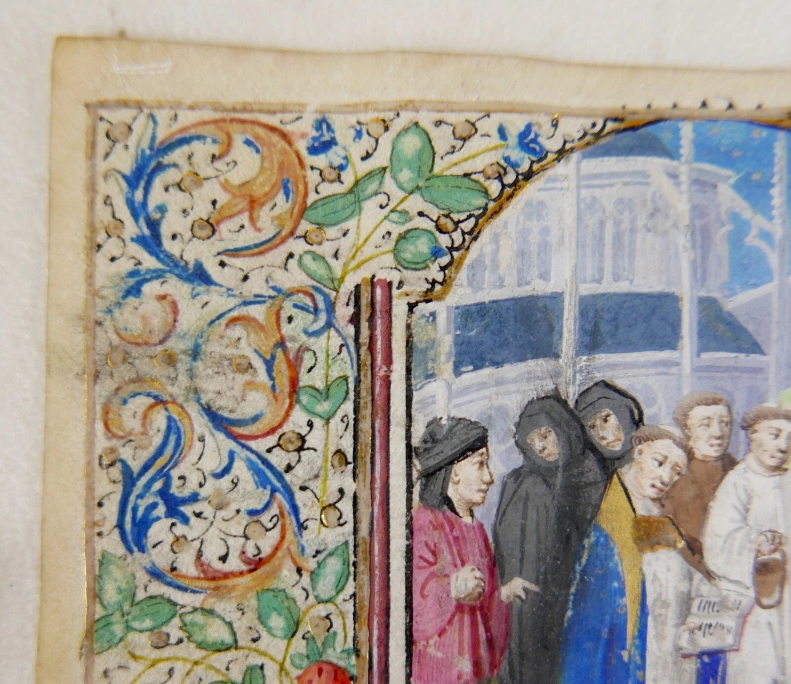 LATE 15TH CENTURY FRENCH ILLUMINATED MANUSCRIPT LEAF WITH MINIATURE OF A BURIAL