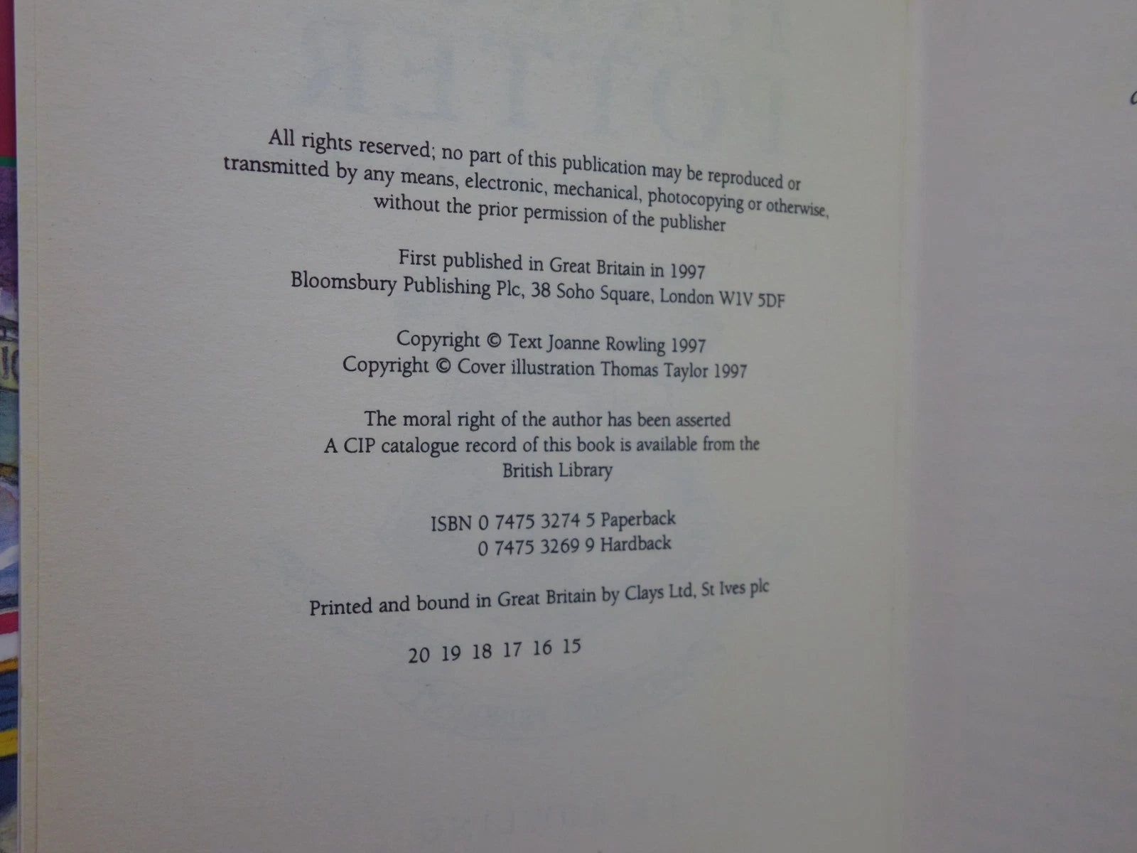 HARRY POTTER AND THE PHILOSOPHER'S STONE 1997 J.K. ROWLING 15TH PRINT BLOOMSBURY