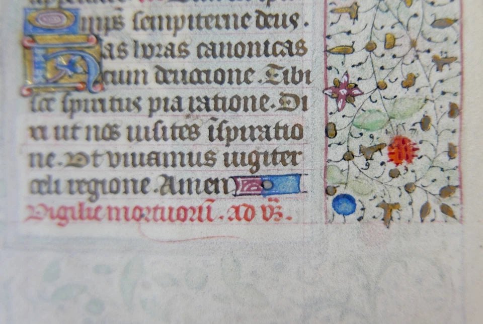 LATE 15TH CENTURY FRENCH ILLUMINATED MANUSCRIPT LEAF WITH MINIATURE OF A BURIAL