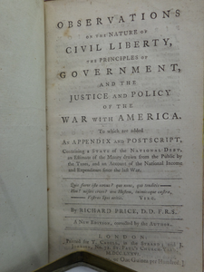 OBSERVATIONS ON THE NATURE OF CIVIL LIBERTY; WAR WITH AMERICA 1776 RICHARD PRICE