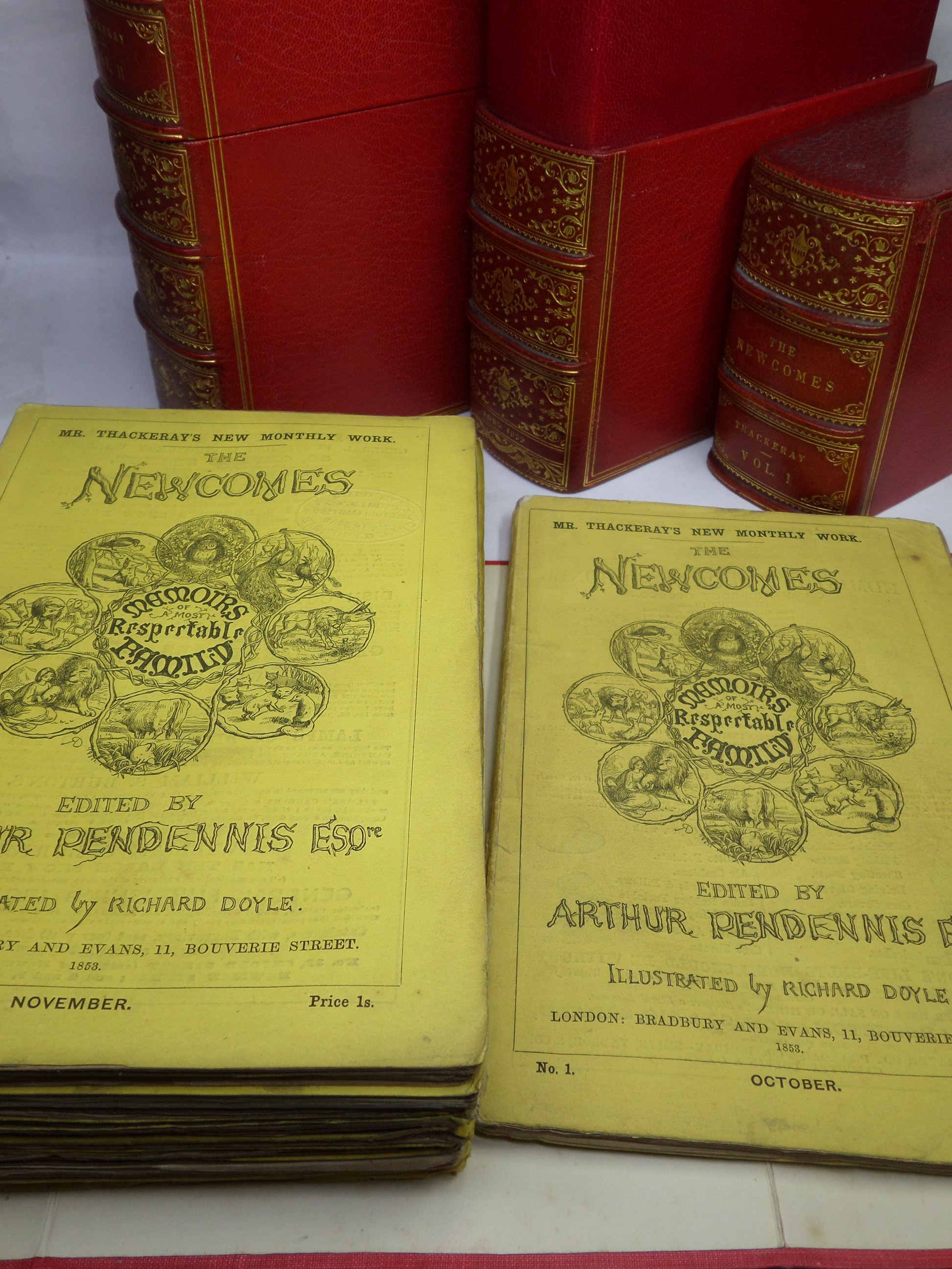 THE NEWCOMES BY WILLIAM MAKEPEACE THACKERAY 1853-1855 IN 23/24 MONTHLY PARTS, CUSTOM MOROCCO CASES