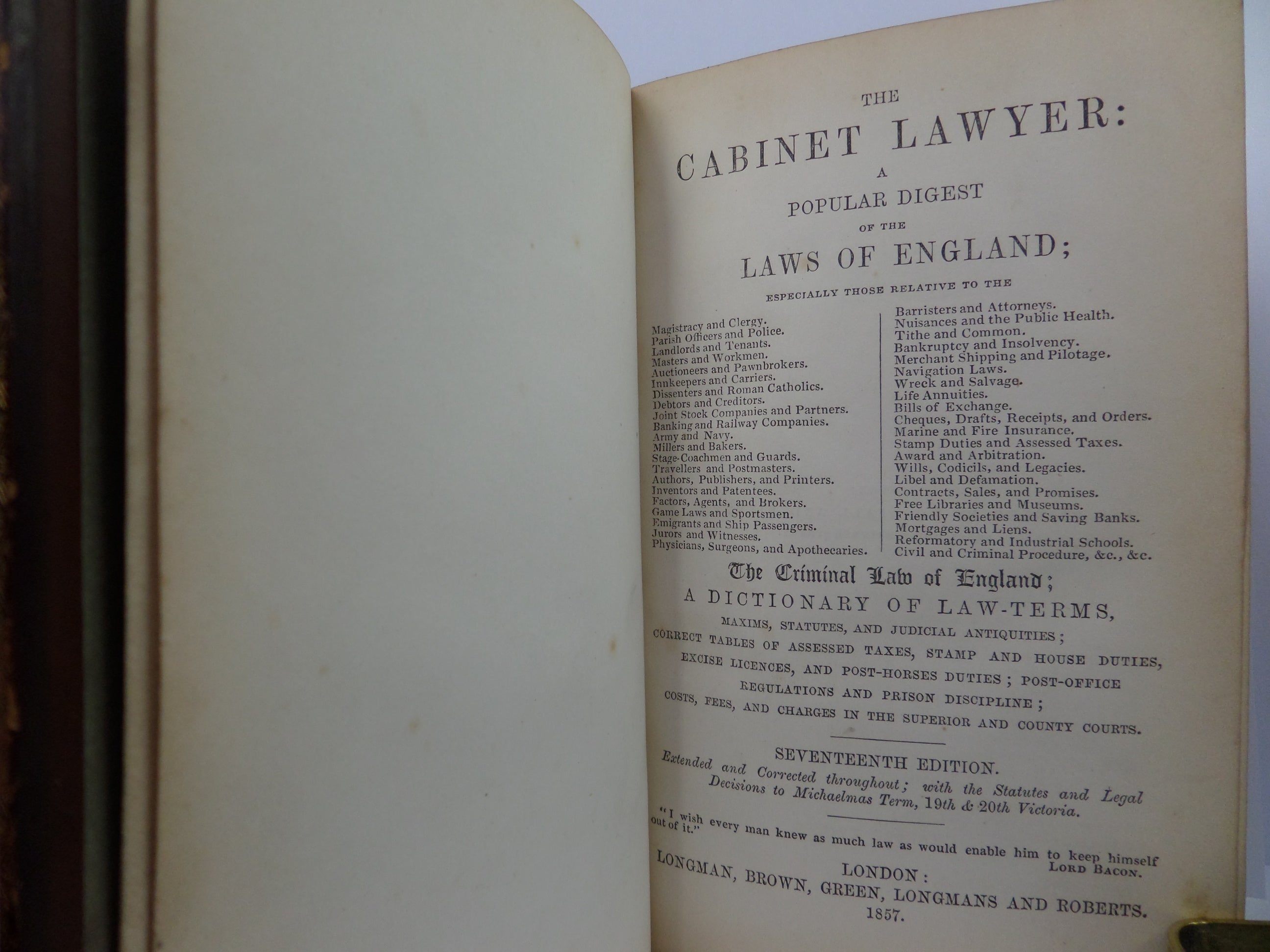 CABINET LAWYER: A POPULAR DIGEST OF THE LAWS OF ENGLAND 1857 LEATHER BINDING
