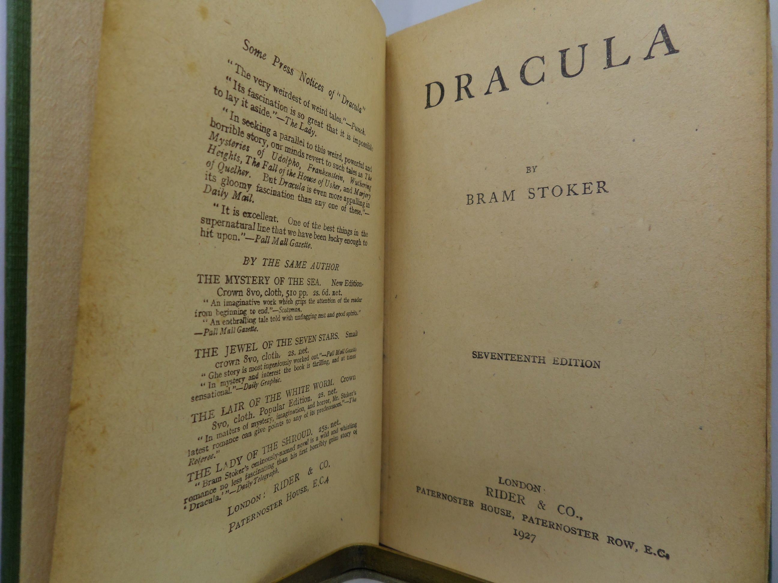 DRACULA BY BRAM STOKER 1927 SEVENTEENTH EDITION