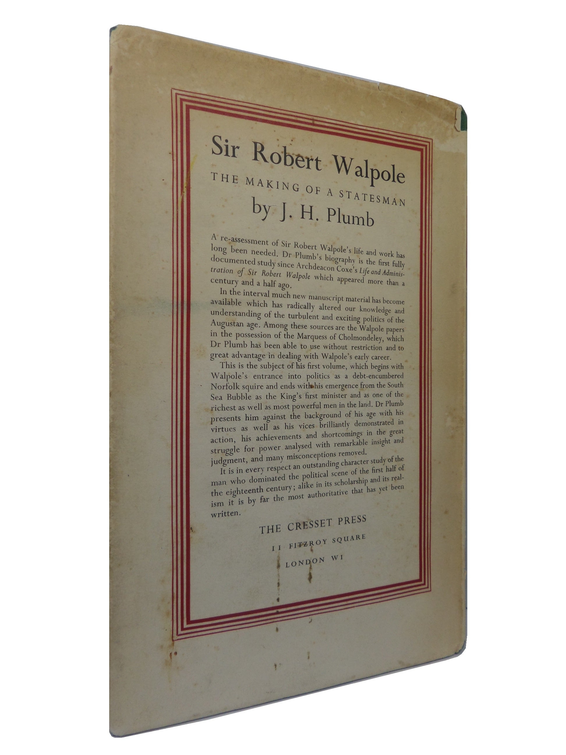 SIR ROBERT WALPOLE BY J.H. PLUMB 1956 FIRST EDITION HARDCOVER