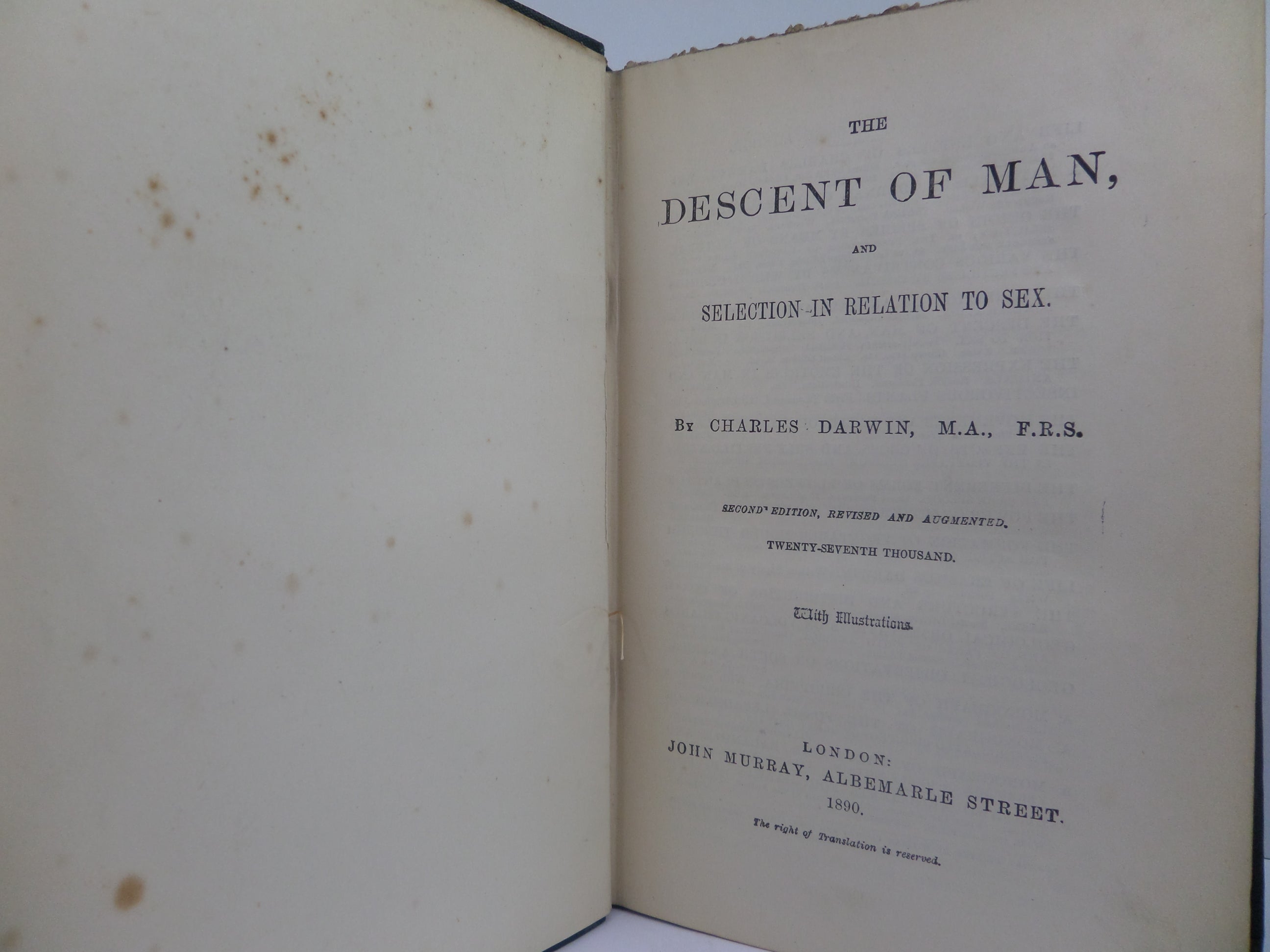 THE DESCENT OF MAN BY CHARLES DARWIN 1890