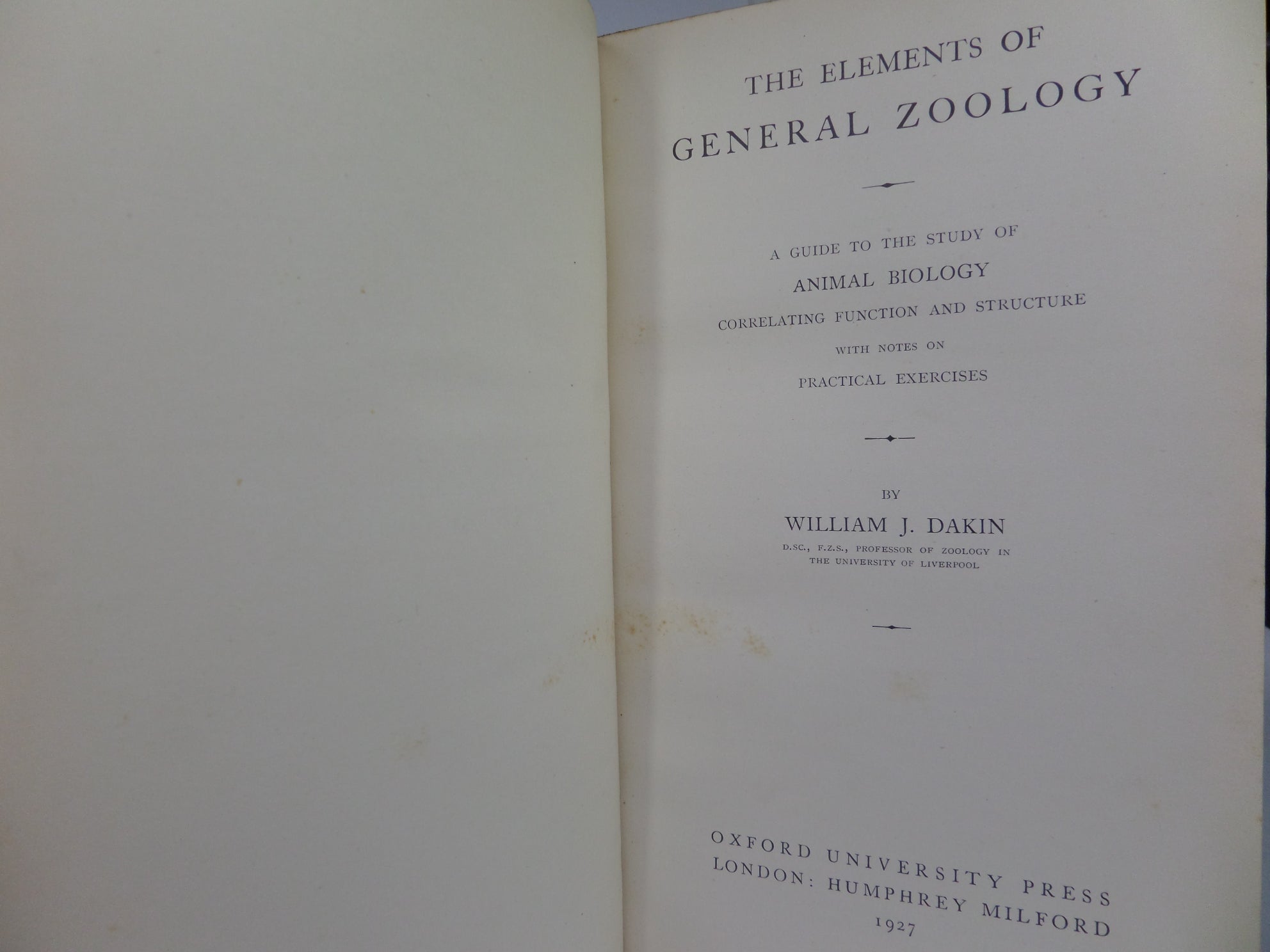 THE ELEMENTS OF GENERAL ZOOLOGY BY WILLIAM J. DAKIN 1927 LEATHER BINDING