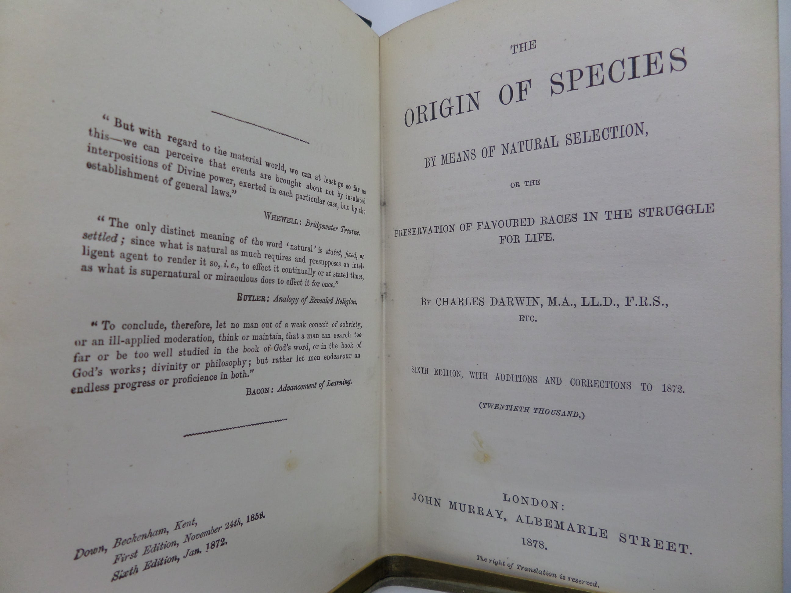 THE ORIGIN OF SPECIES BY MEANS OF NATURAL SELECTION BY CHARLES DARWIN 1878