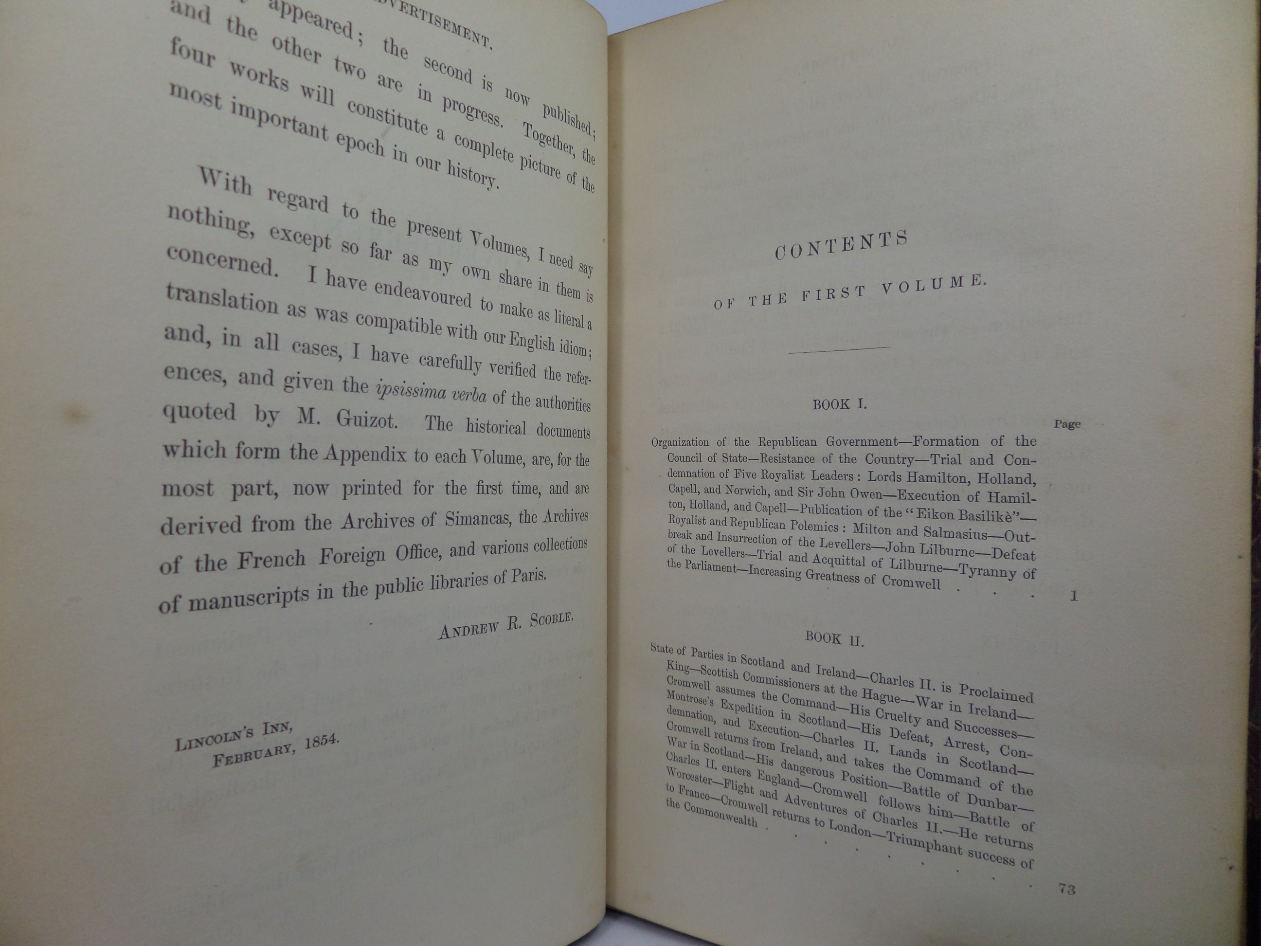 HISTORY OF OLIVER CROMWELL BY M. GUIZOT 1854 LEATHER BOUND IN TWO VOLUMES