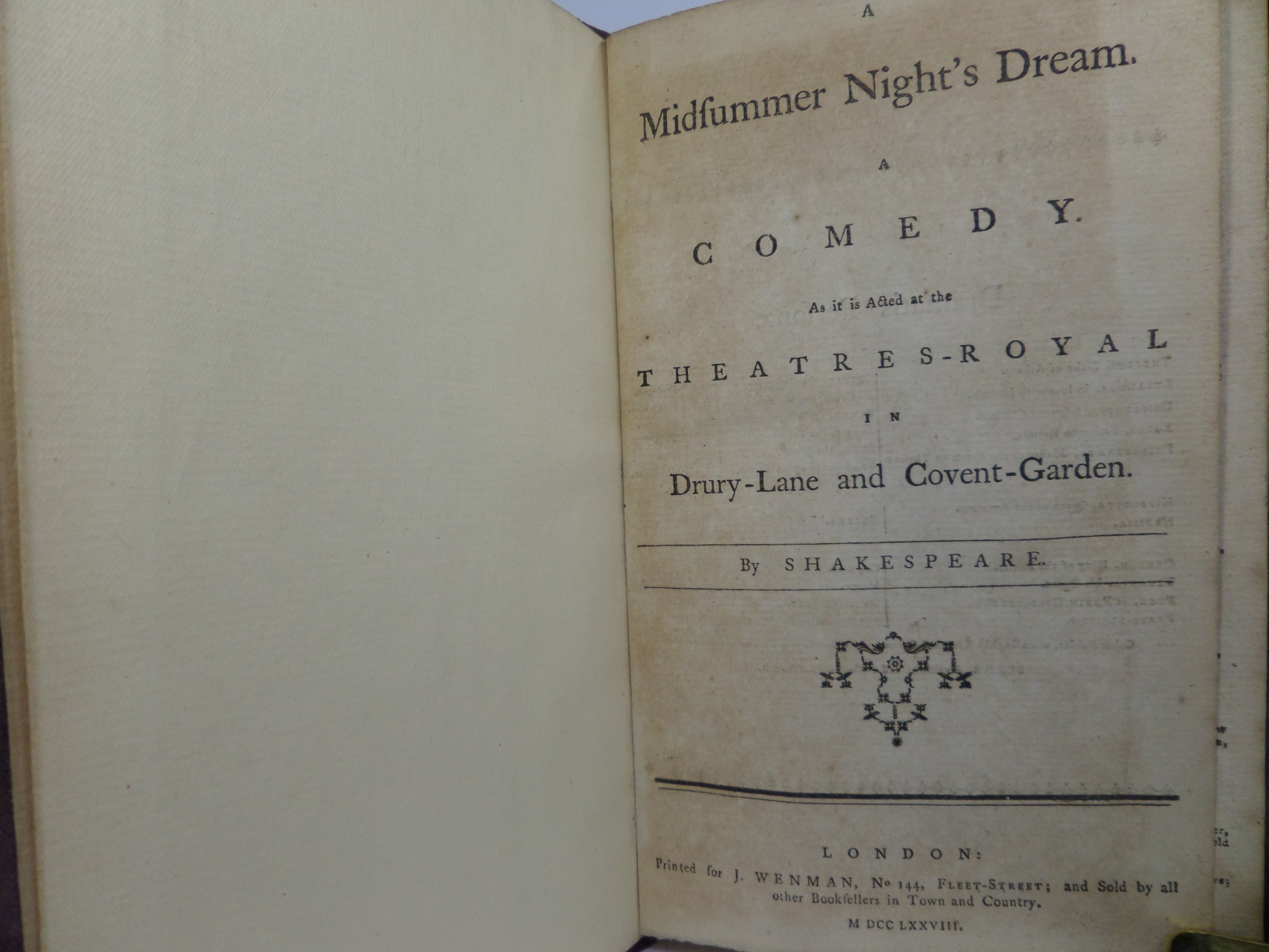 A MIDSUMMER NIGHT'S DREAM AS IT IS ACTED AT THE THEATRES-ROYAL 1778 SHAKESPEARE