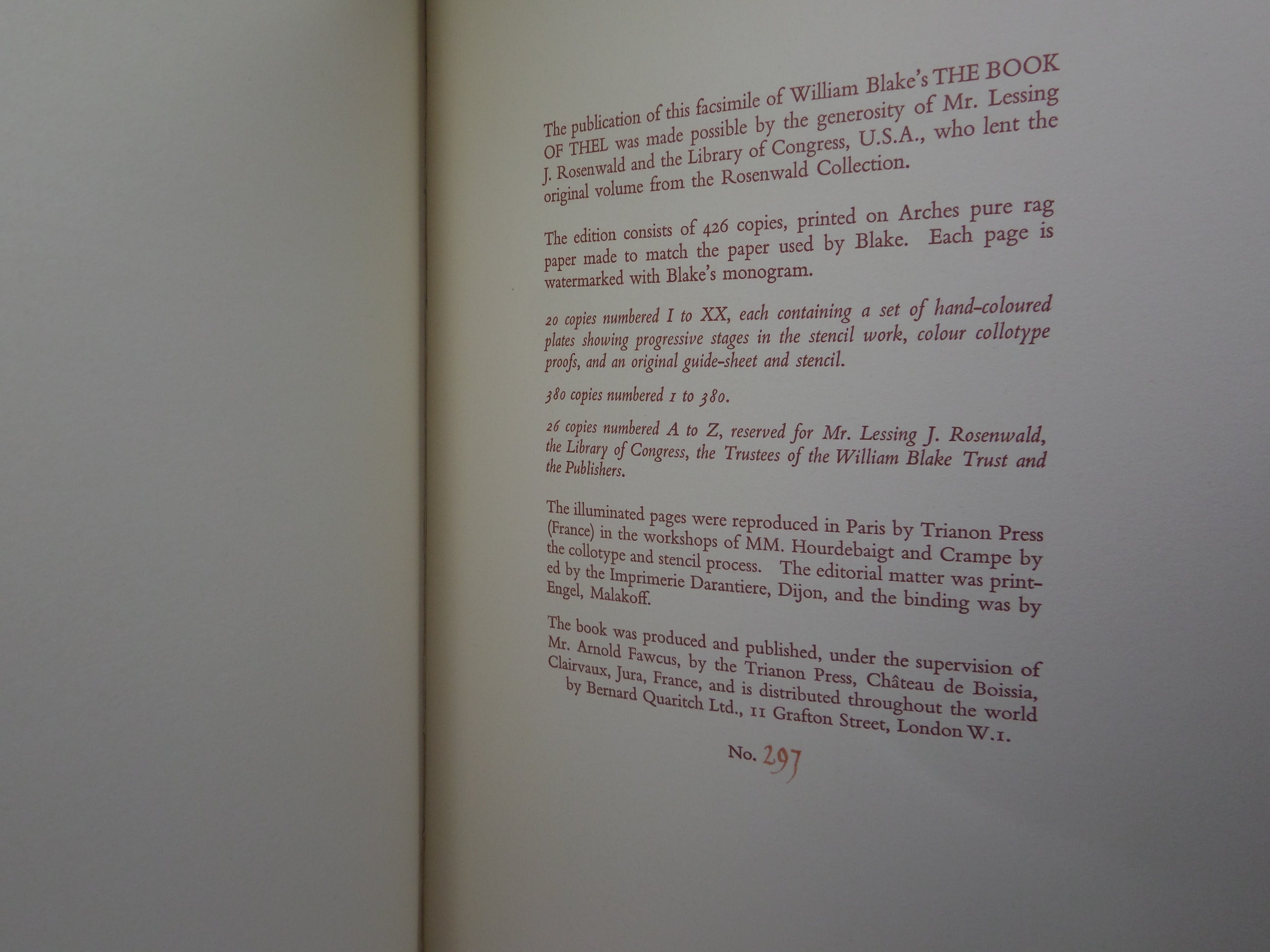 THE BOOK OF THEL BY WILLIAM BLAKE 1965 LIMITED EDITION