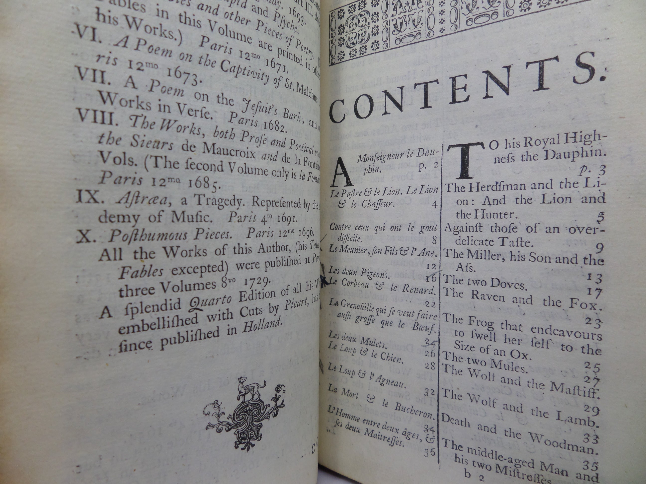 FABLES AND TALES FROM LA FONTAINE IN FRENCH AND ENGLISH 1734 FIRST EDITION