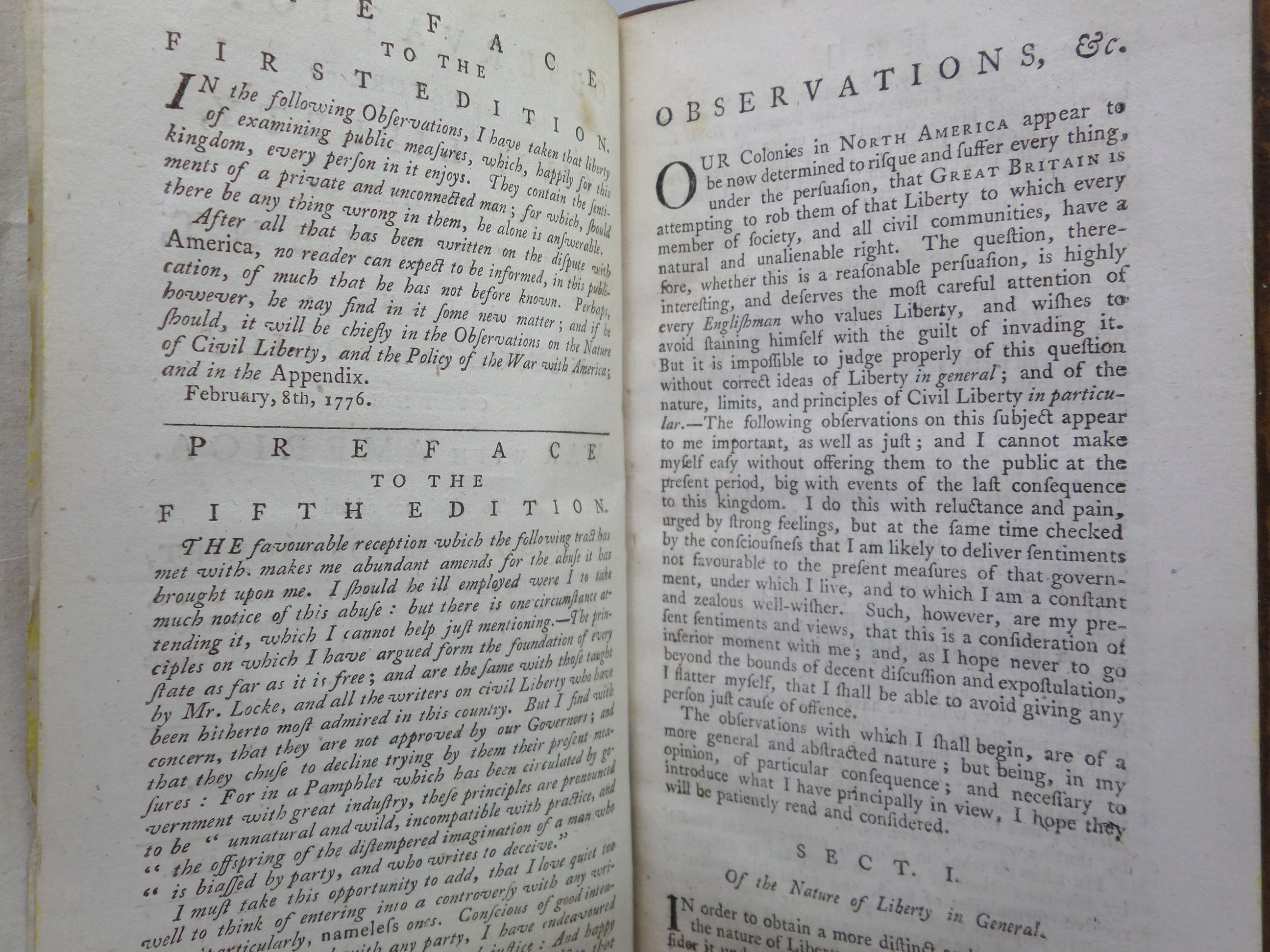 OBSERVATIONS ON THE NATURE OF CIVIL LIBERTY; WAR WITH AMERICA 1776 RICHARD PRICE