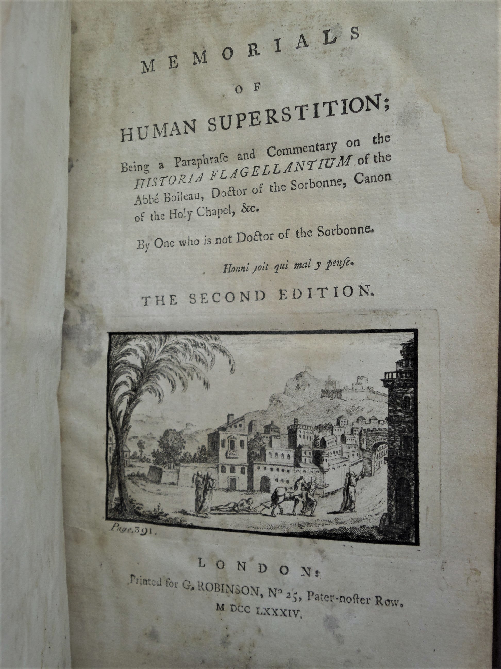 MEMORIALS OF HUMAN SUPERSTITION BY JEAN LOUIS DE LOLME 1784 LEATHER-BOUND