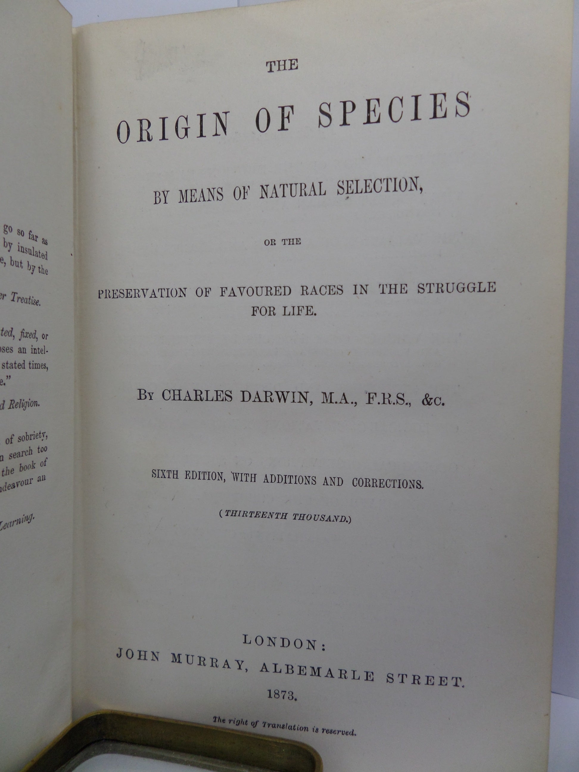 THE ORIGIN OF SPECIES BY MEANS OF NATURAL SELECTION BY CHARLES DARWIN 1873