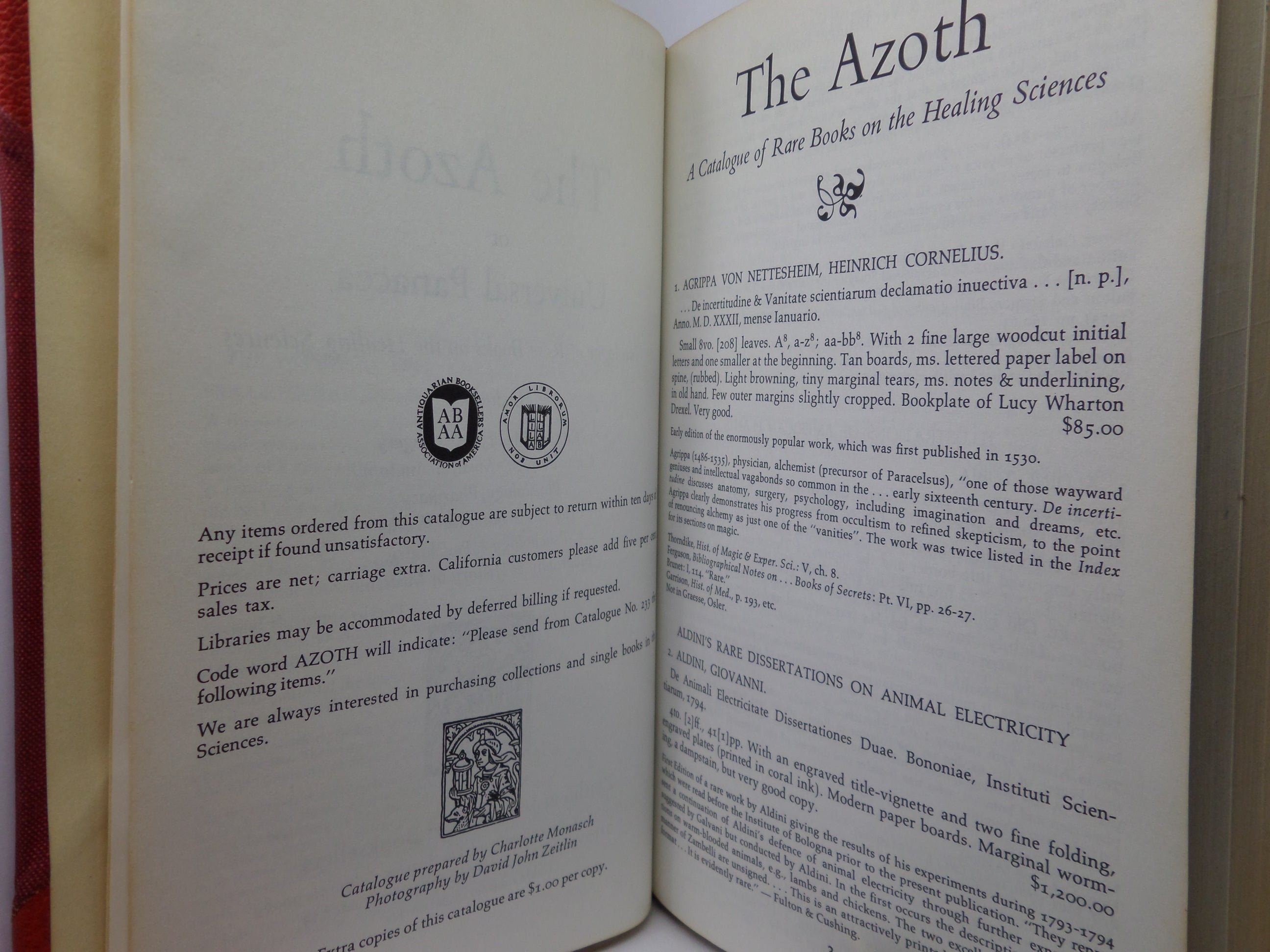 THE AZOTH OR UNIVERSAL PANACEA - CATALOGUES OF RARE BOOKS ON THE HEALING AND MEDICAL SCIENCES 1973-1975
