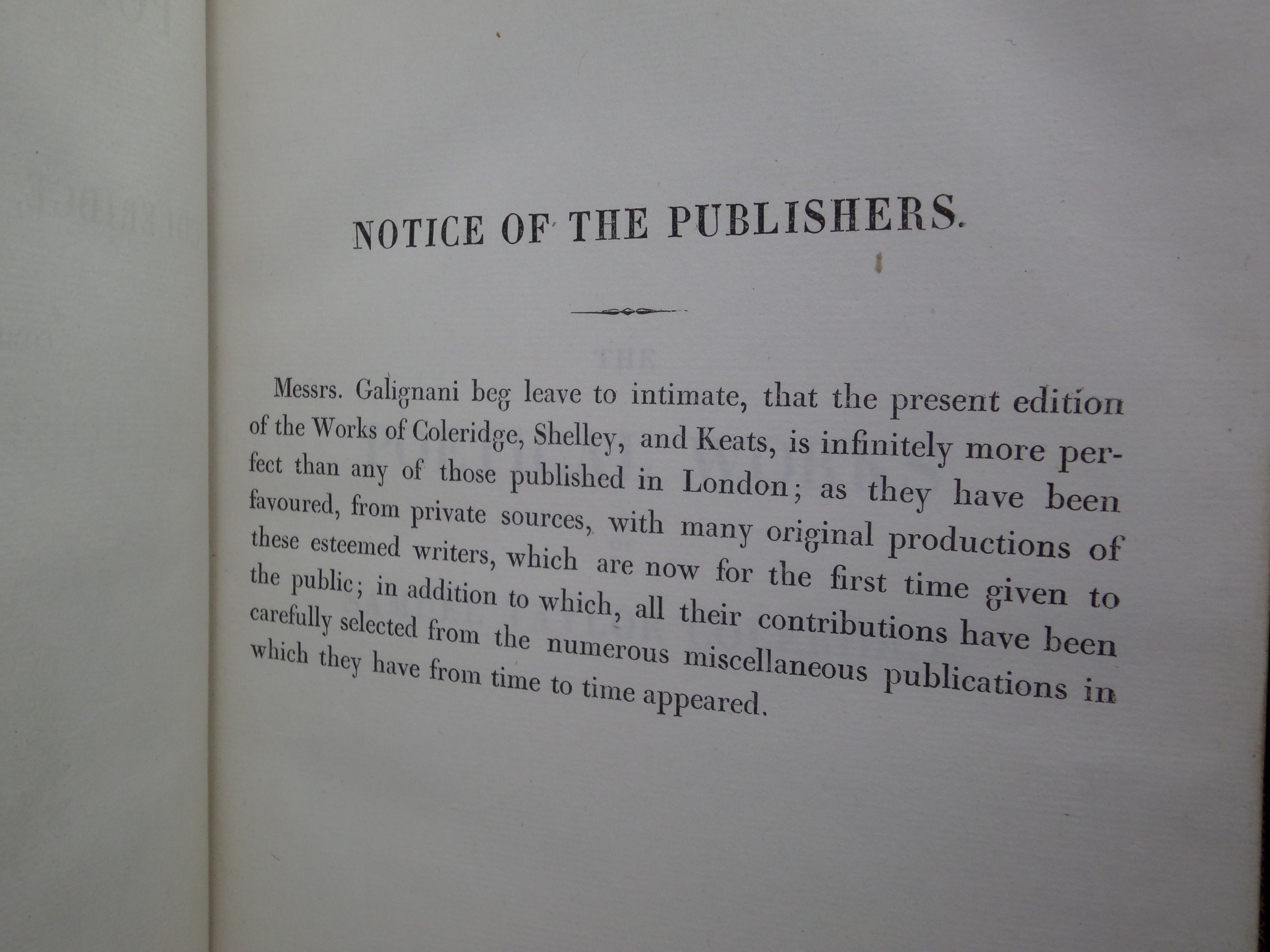 THE POETICAL WORKS OF COLERIDGE, SHELLEY AND KEATS 1829 GALIGNANI FIRST EDITION