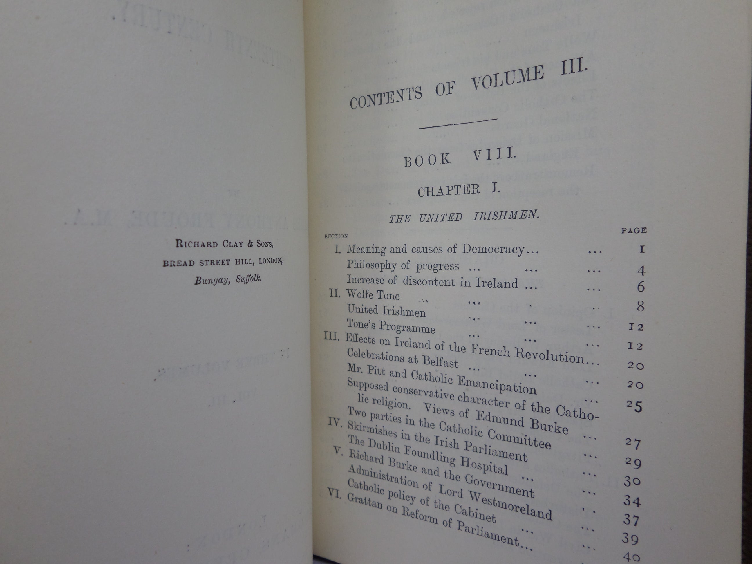 THE ENGLISH IN IRELAND IN THE 18TH CENTURY BY JAMES FROUDE 1887 LEATHER BOUND