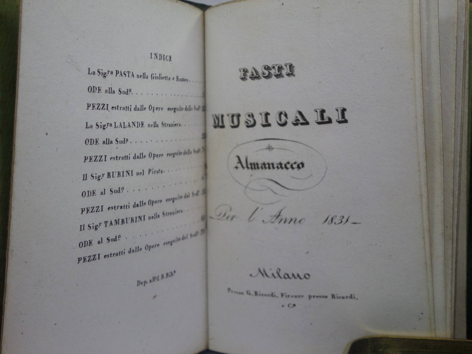 MINIATURE ITALIAN MUSICAL ALMANACK FOR THE YEAR 1831 LEATHER BINDING & SLIPCASE