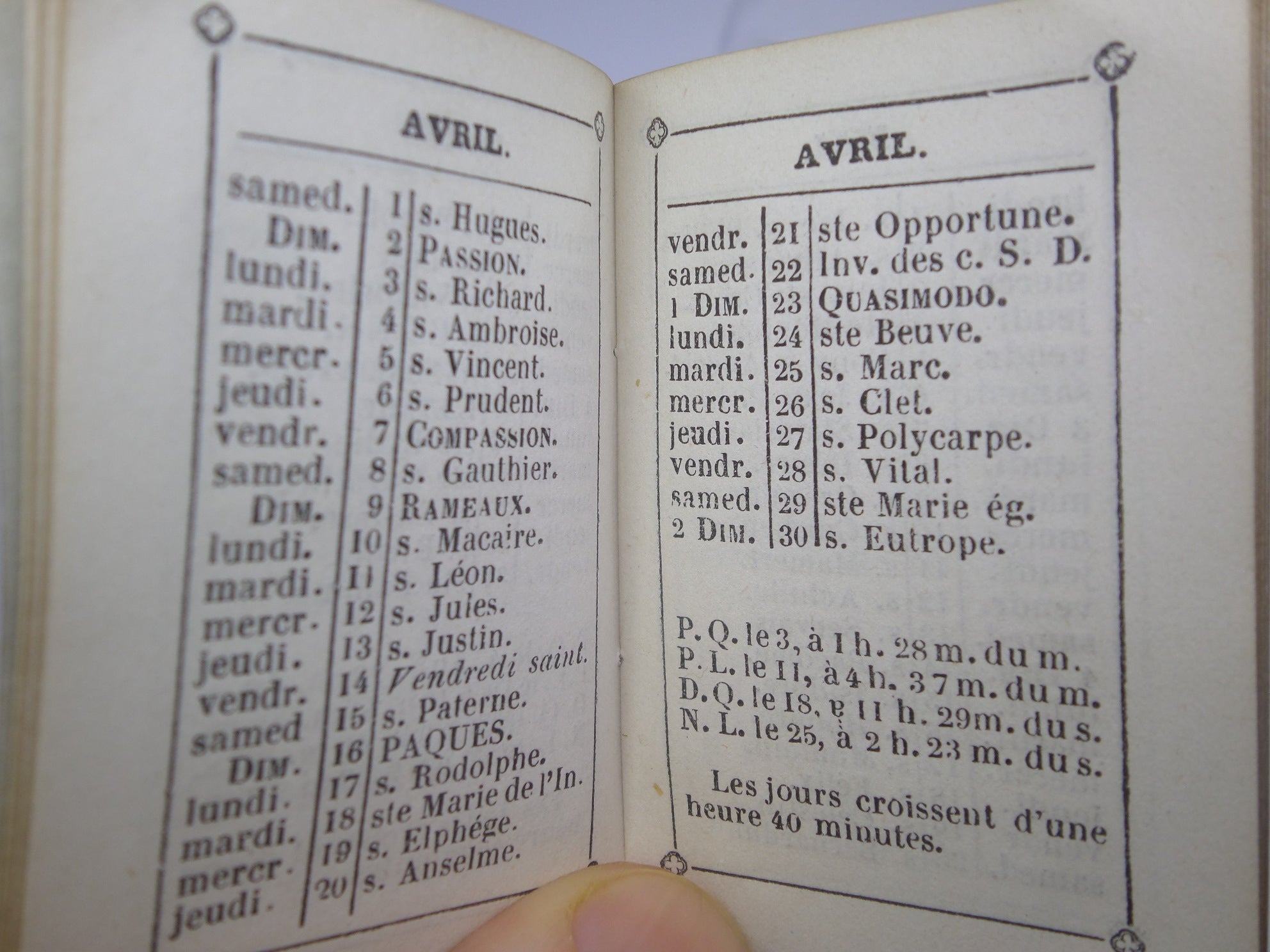 MINIATURE FRENCH CALENDAR FOR THE YEAR 1865 [CALENDRIER POUR L'ANNEE 1865]