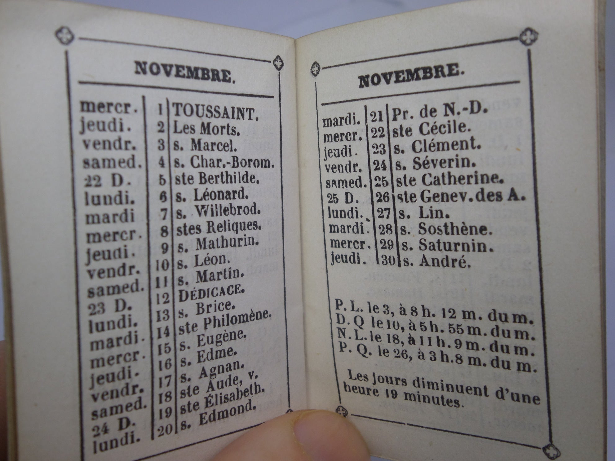 MINIATURE FRENCH CALENDAR FOR THE YEAR 1865 [CALENDRIER POUR L'ANNEE 1865]