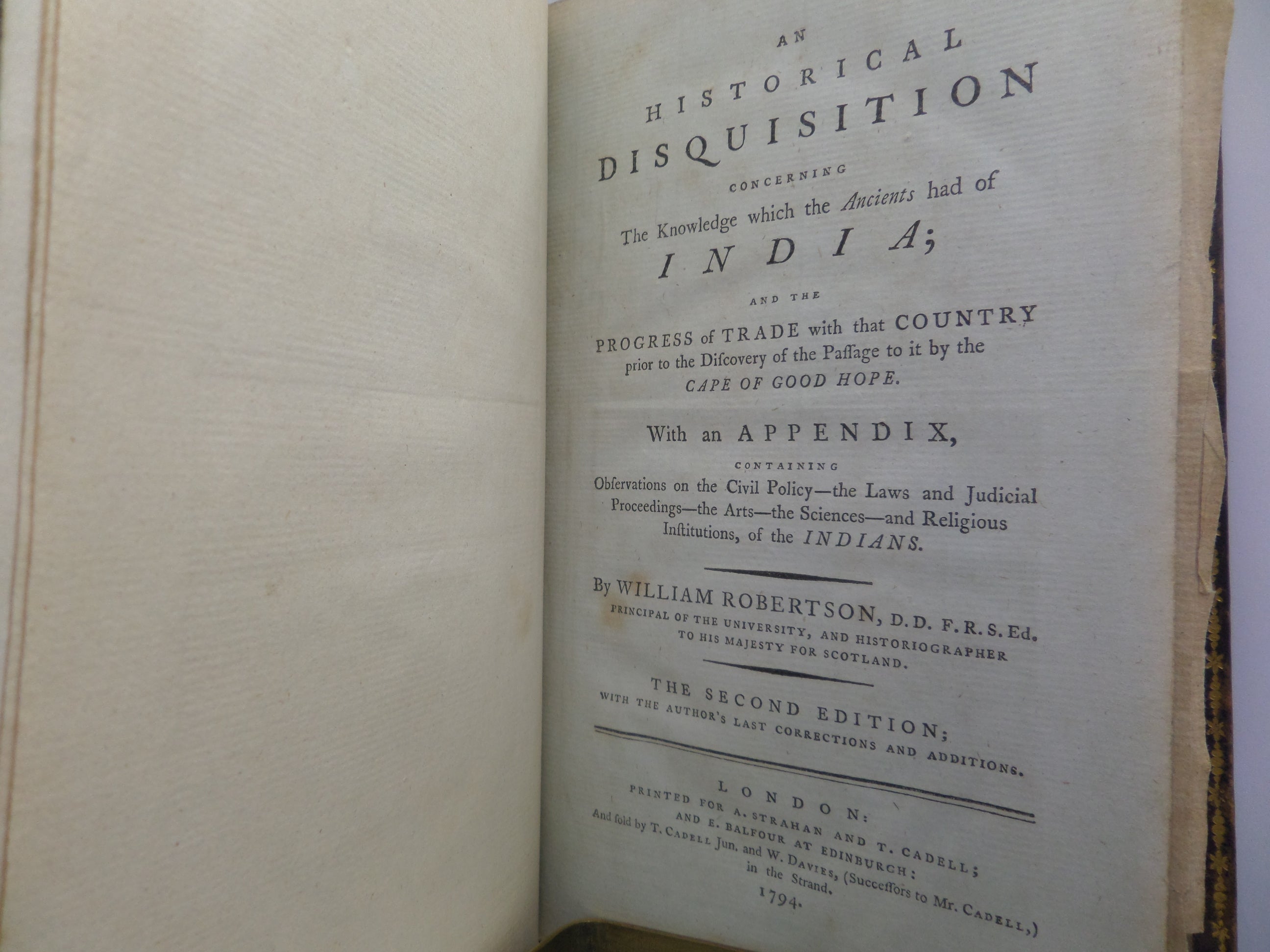 AN HISTORICAL DISQUISITION CONCERNING INDIA BY WILLIAM ROBERTSON 1794 SECOND EDITION