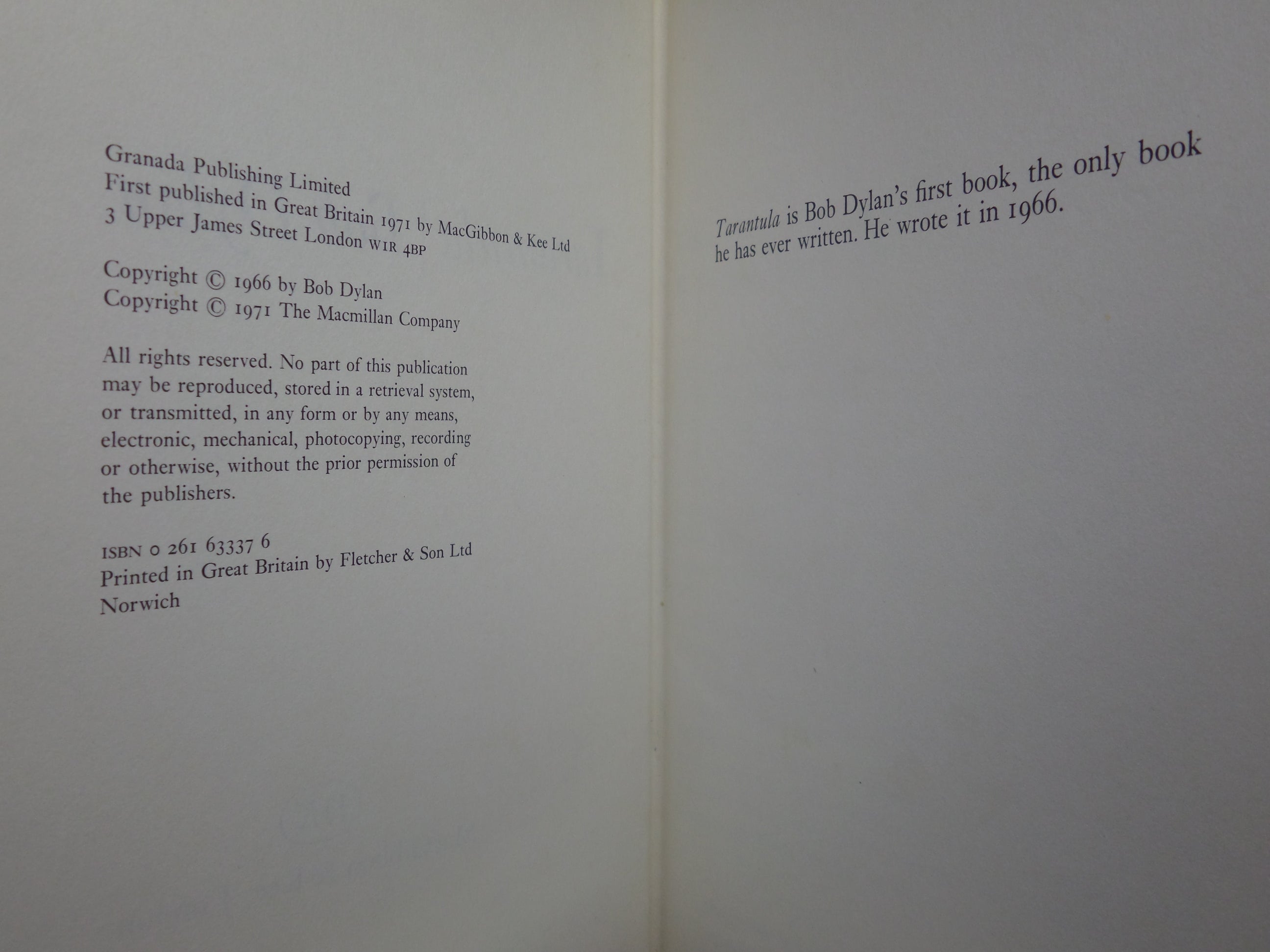 TARANTULA BY BOB DYLAN 1971 FIRST UK EDITION, HARDBACK WITH DUST JACKET