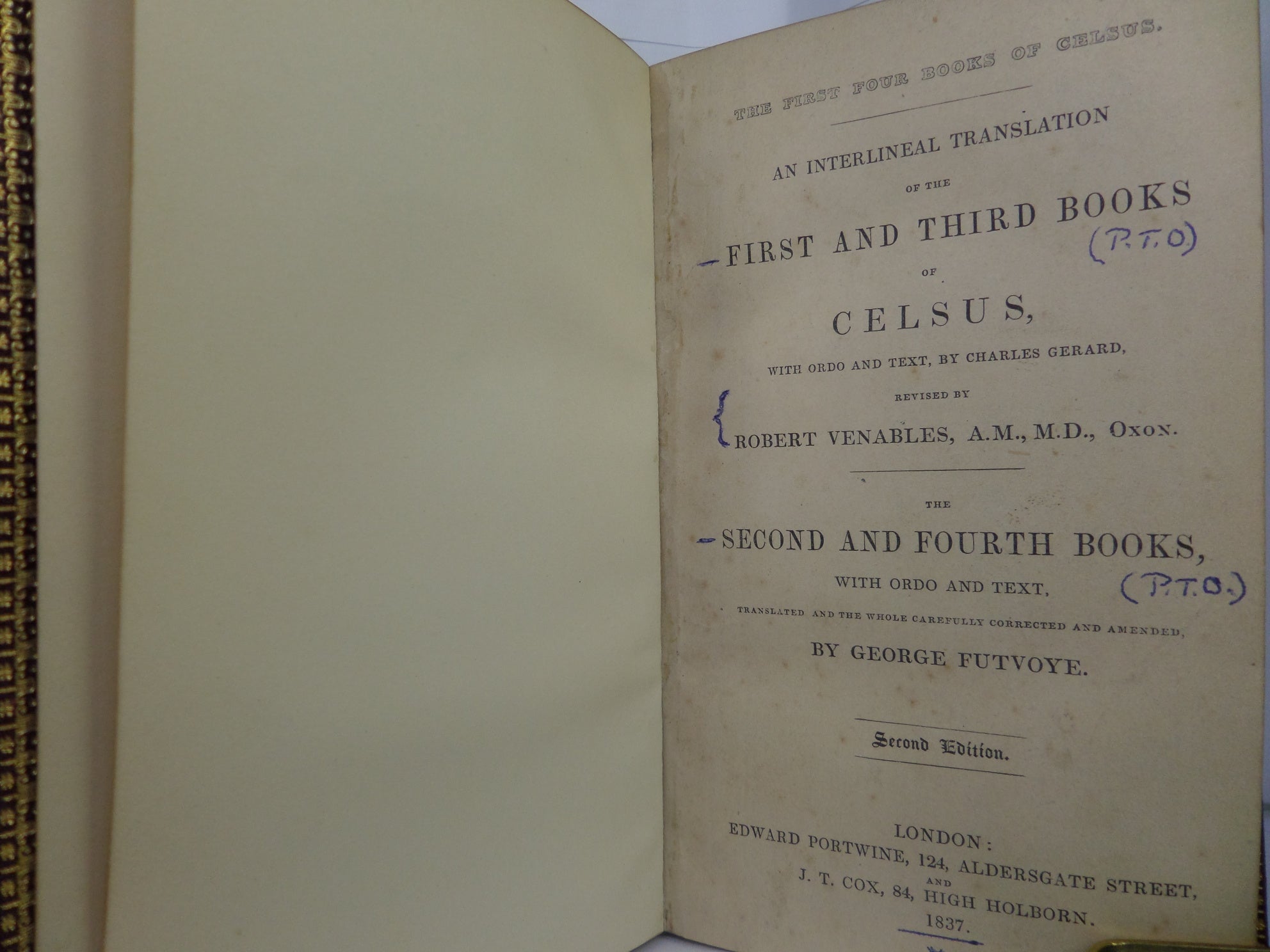 THE FIRST FOUR BOOKS OF CELSUS 1837 SECOND EDITION, FINE LEATHER BINDING