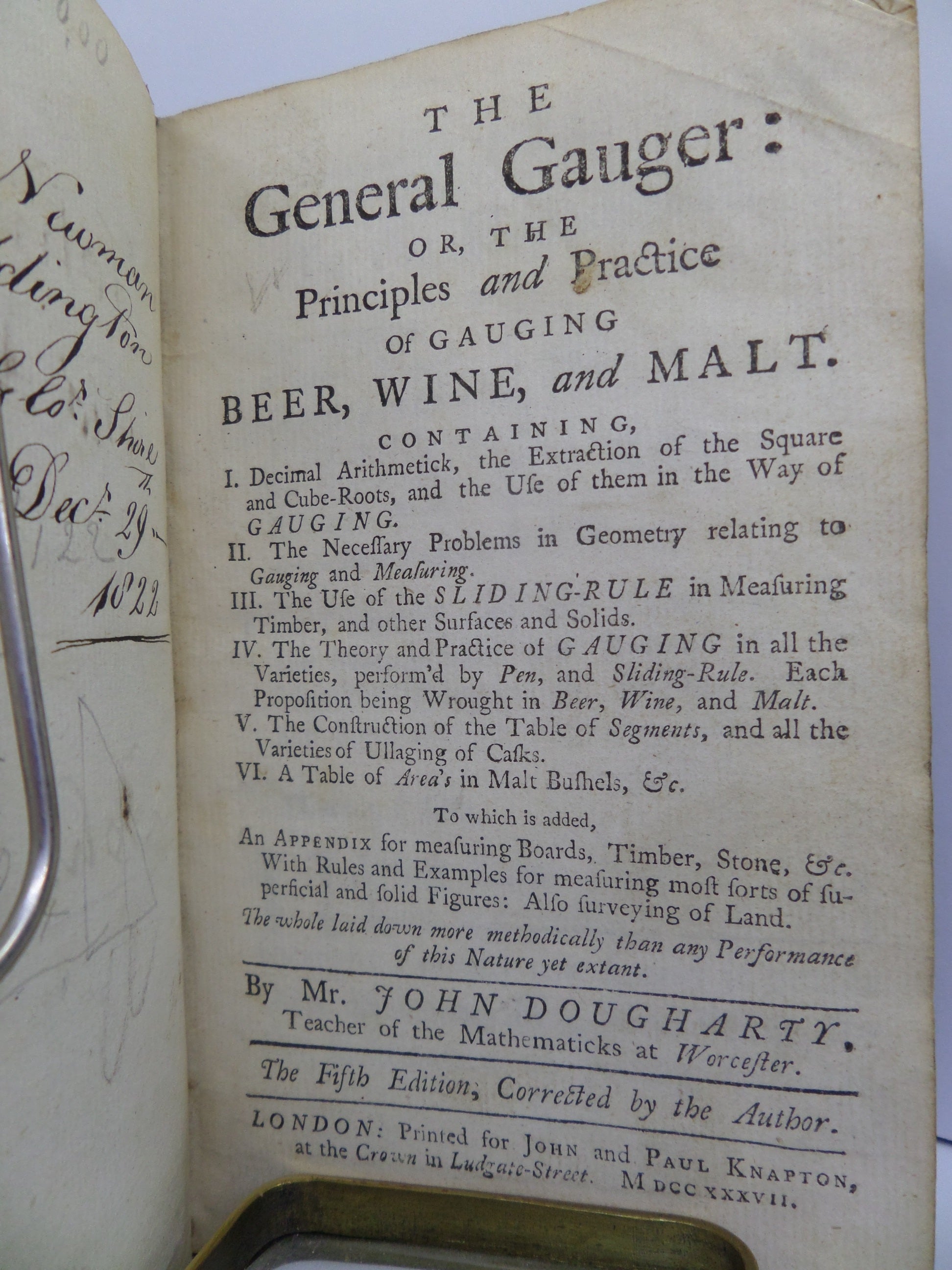 [BREWING] THE GENERAL GAUGER BY JOHN DOUGHARTY 1737 LEATHER-BOUND 5TH EDITION PRINCIPALS AND PRACTICE OF GAUGING BEER, WINE AND MALT