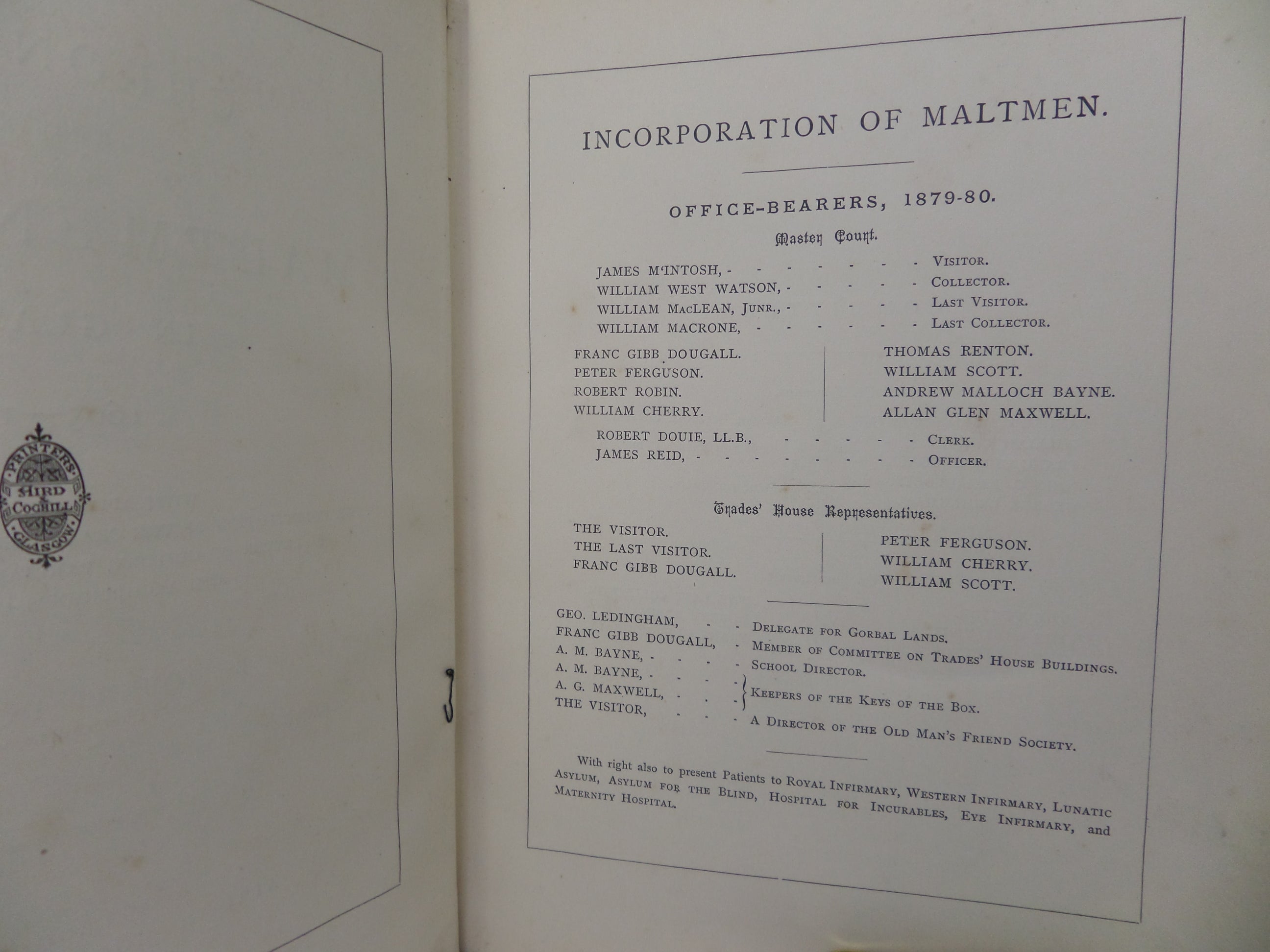 CHRONICLES OF THE MALTMEN CRAFT IN GLASGOW 1605-1879 ROBERT DOUIE 1879 FIRST EDITION