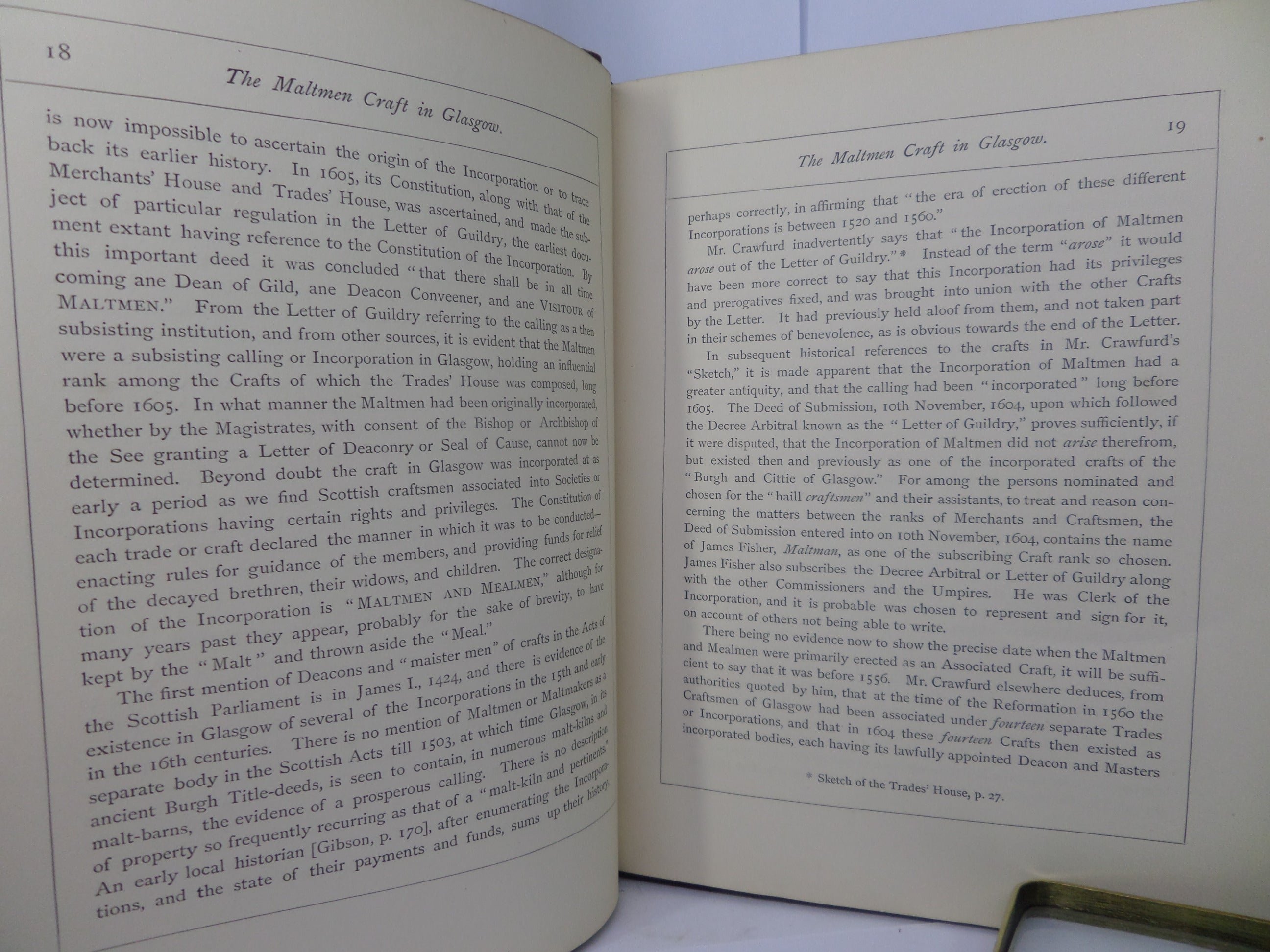 CHRONICLES OF THE MALTMEN CRAFT IN GLASGOW 1605-1879 ROBERT DOUIE 1879 FIRST EDITION