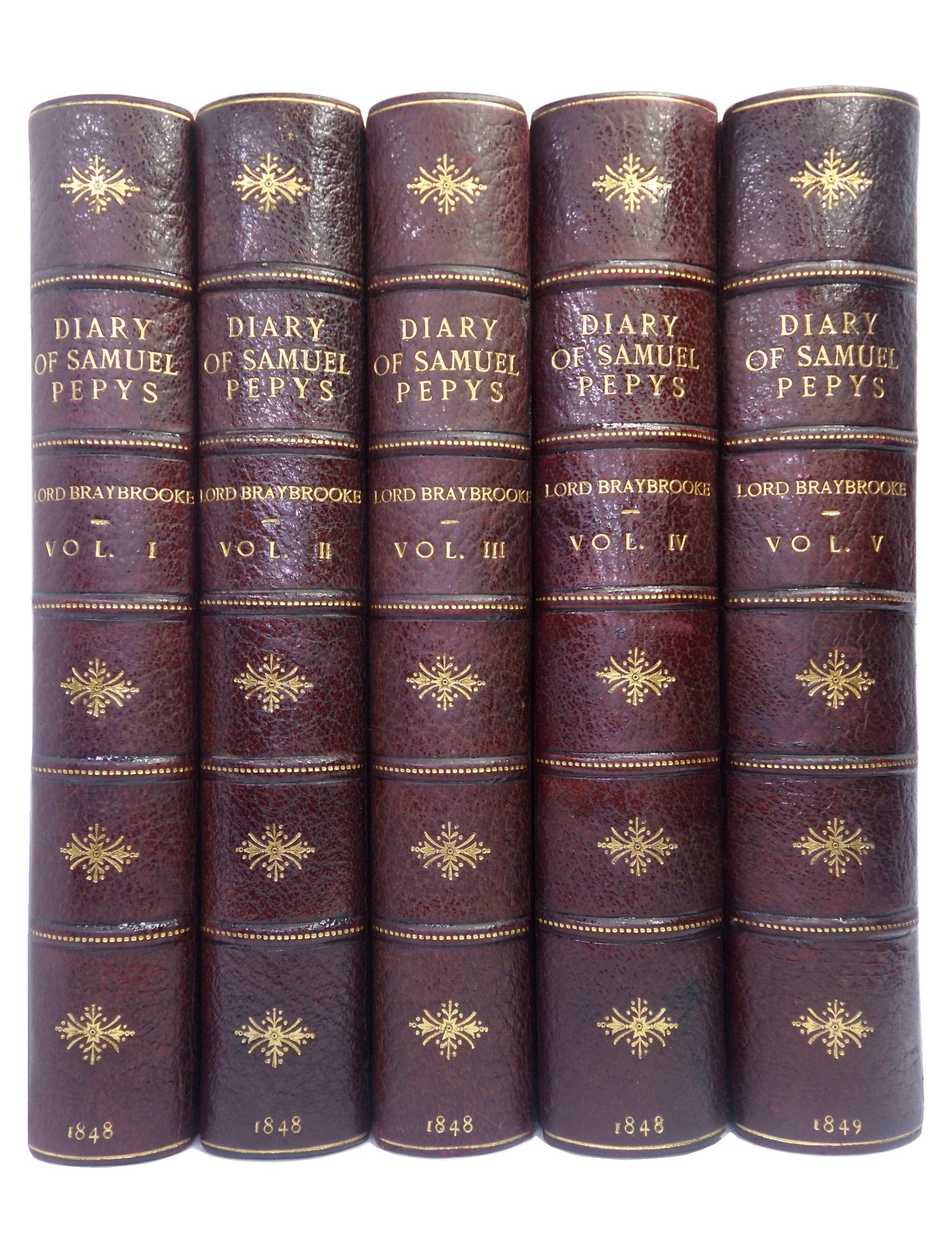 THE DIARY OF SAMUEL PEPYS 1848-49 LEATHER BOUND IN FIVE VOLUMES