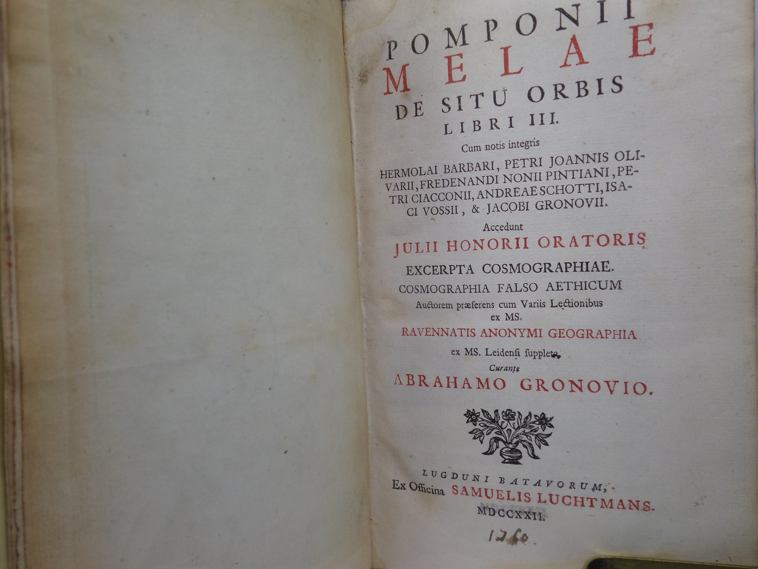 DE SITU ORBIS BY POMPONIUS MELA 1722 VELLUM-BOUND