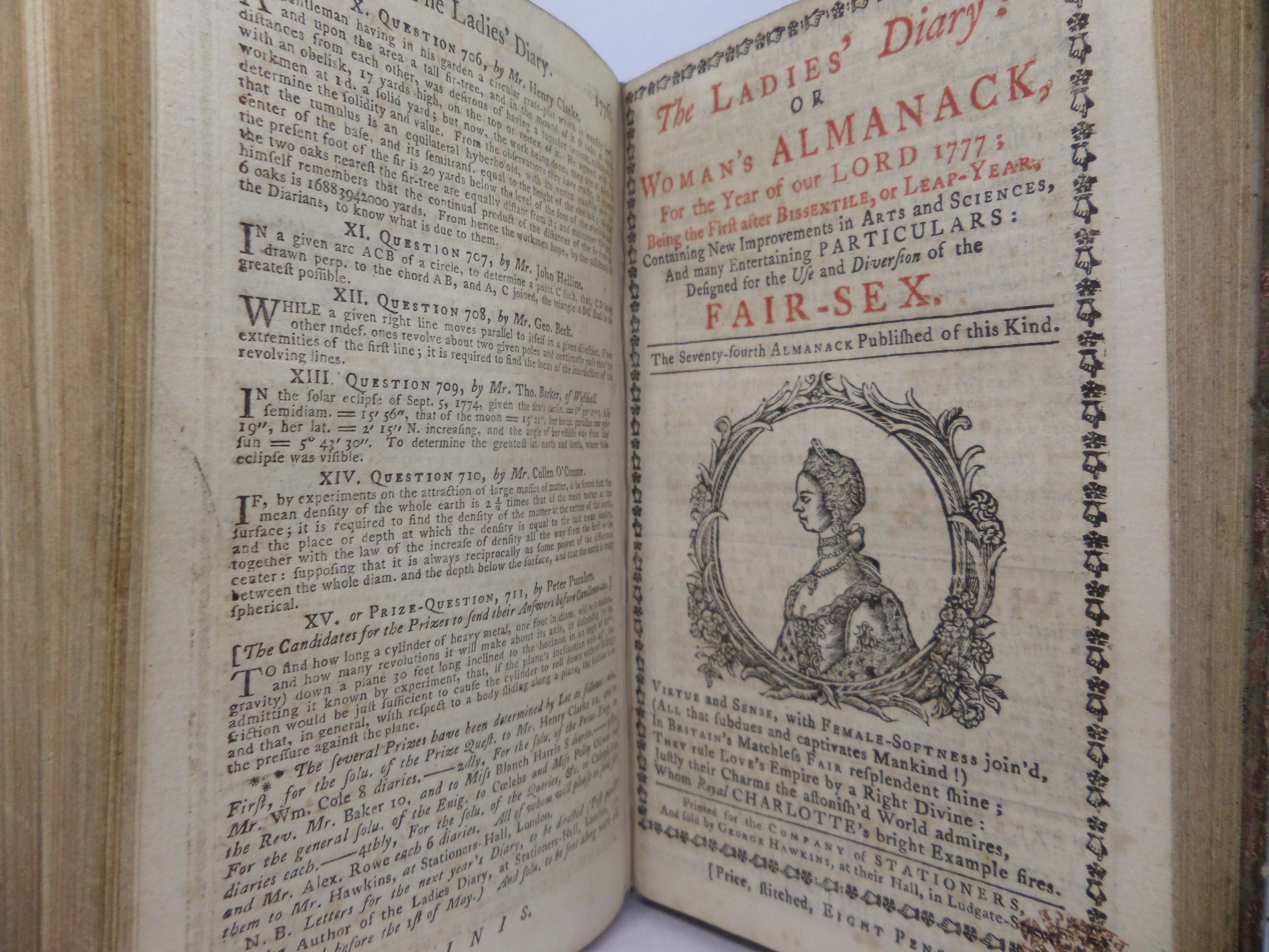 [ALMANACS] THE LADIES DIARY OR WOMAN'S ALMANACK 1770-1779 TEN PARTS IN ONE