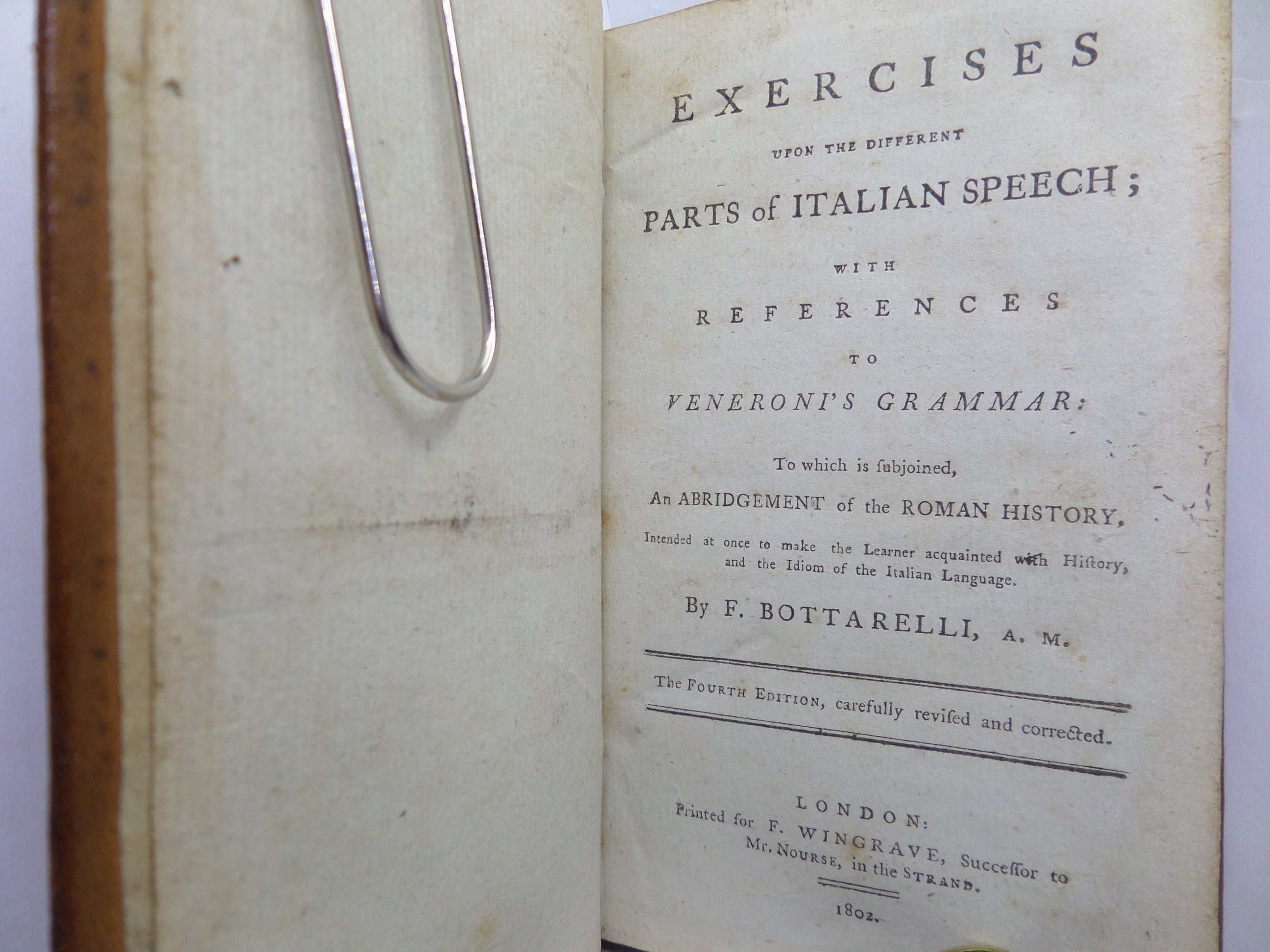 EXERCISES UPON PARTS OF ITALIAN SPEECH BY F. BOTTARELLI 1802 LEATHER-BOUND