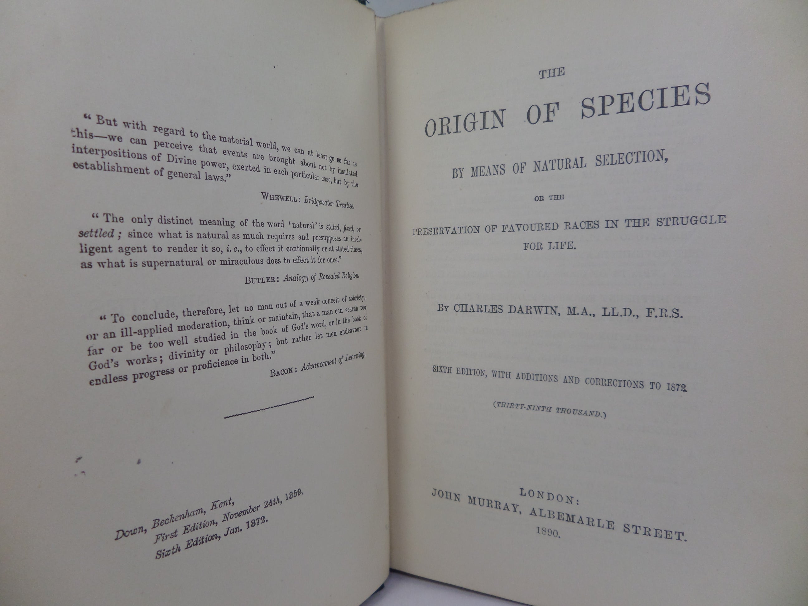 THE ORIGIN OF SPECIES BY MEANS OF NATURAL SELECTION BY CHARLES DARWIN 1890
