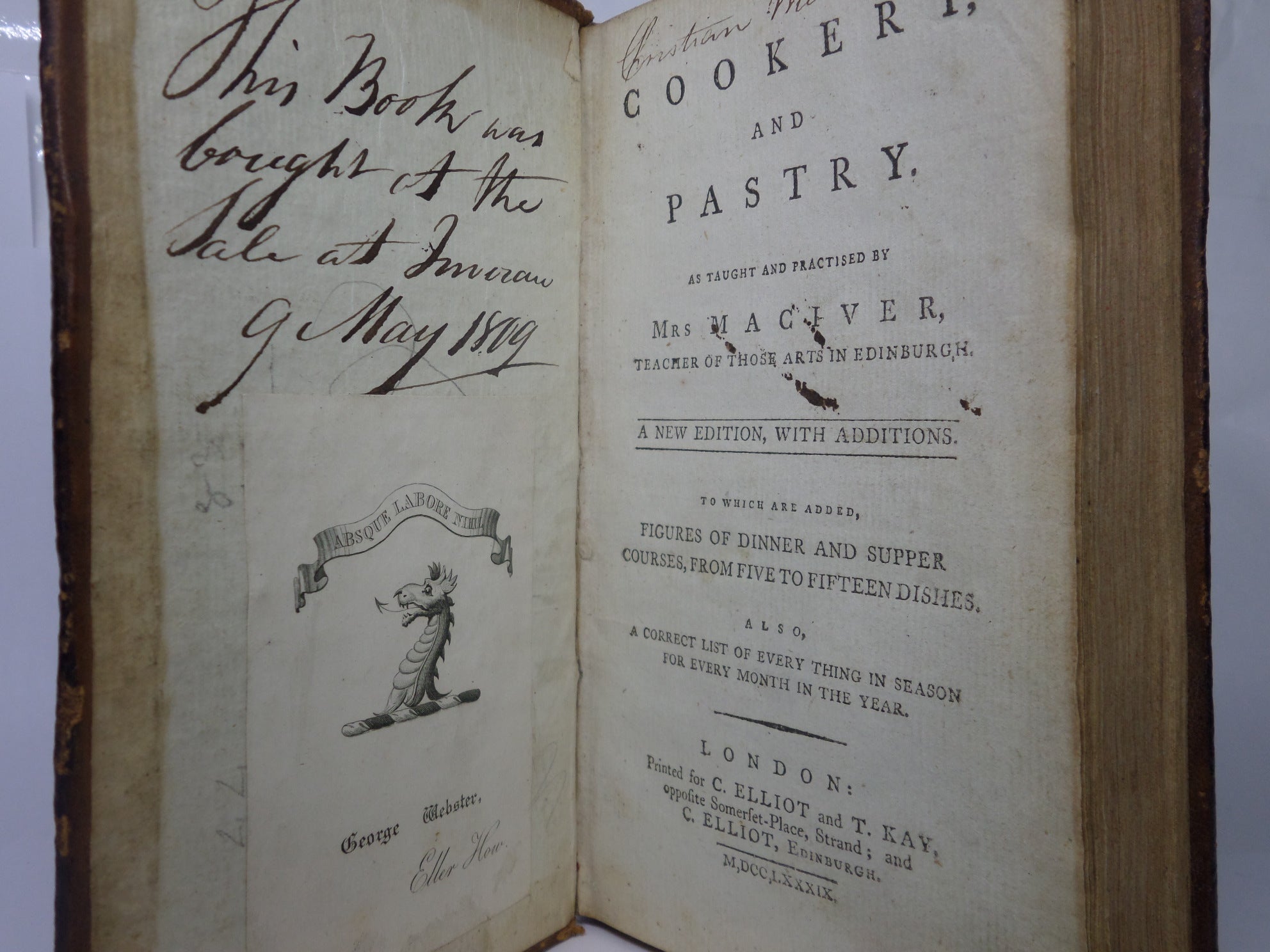 COOKERY AND PASTRY AS TAUGHT AND PRACTISED BY MRS MACIVER 1789 LEATHER BINDING