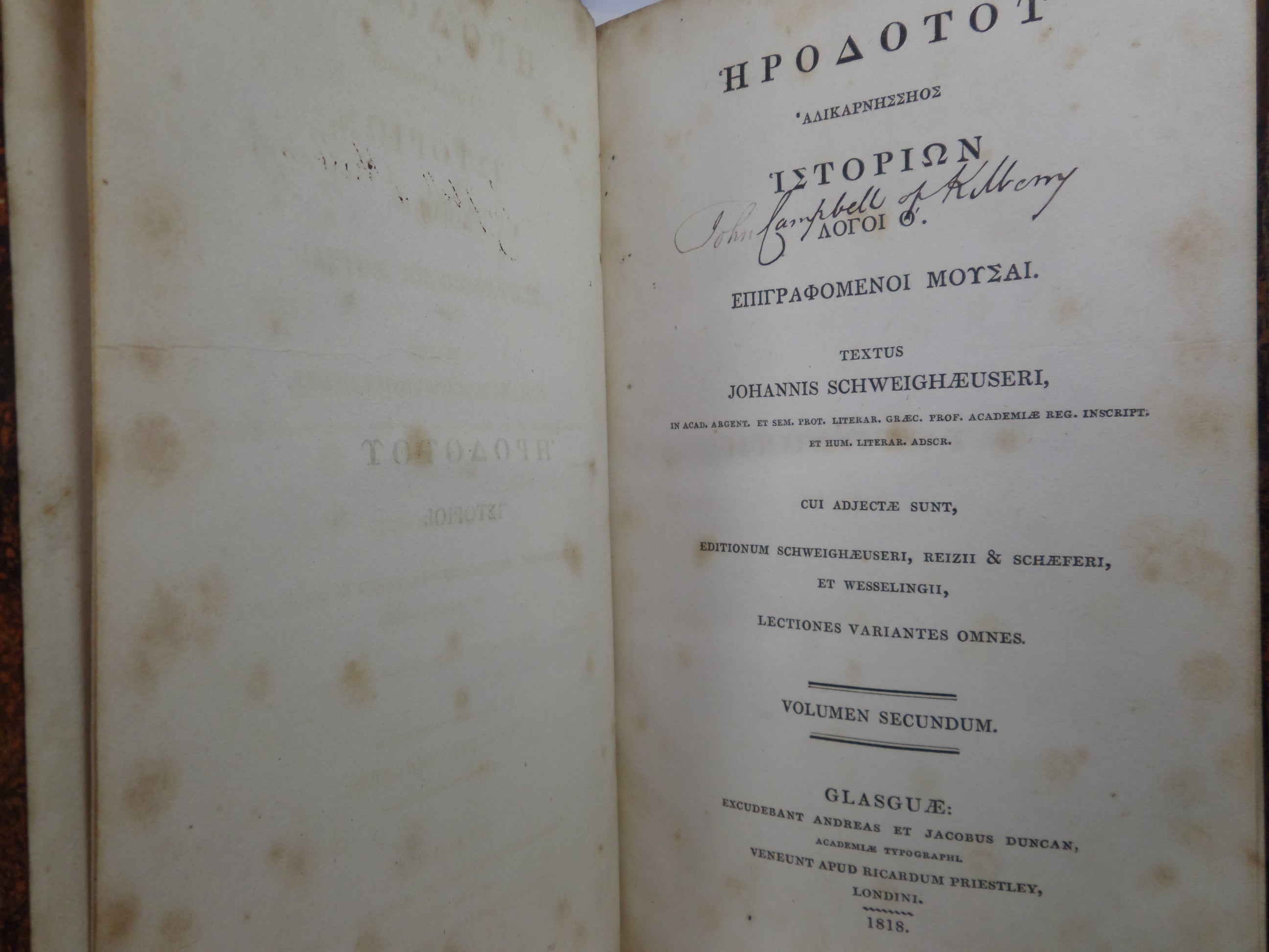 HERODOTUS ALIKARNESSEOS ISTORION LOGOITH EPIGRAPHOMENOI MOUSAI 1818 IN TWO VOLS