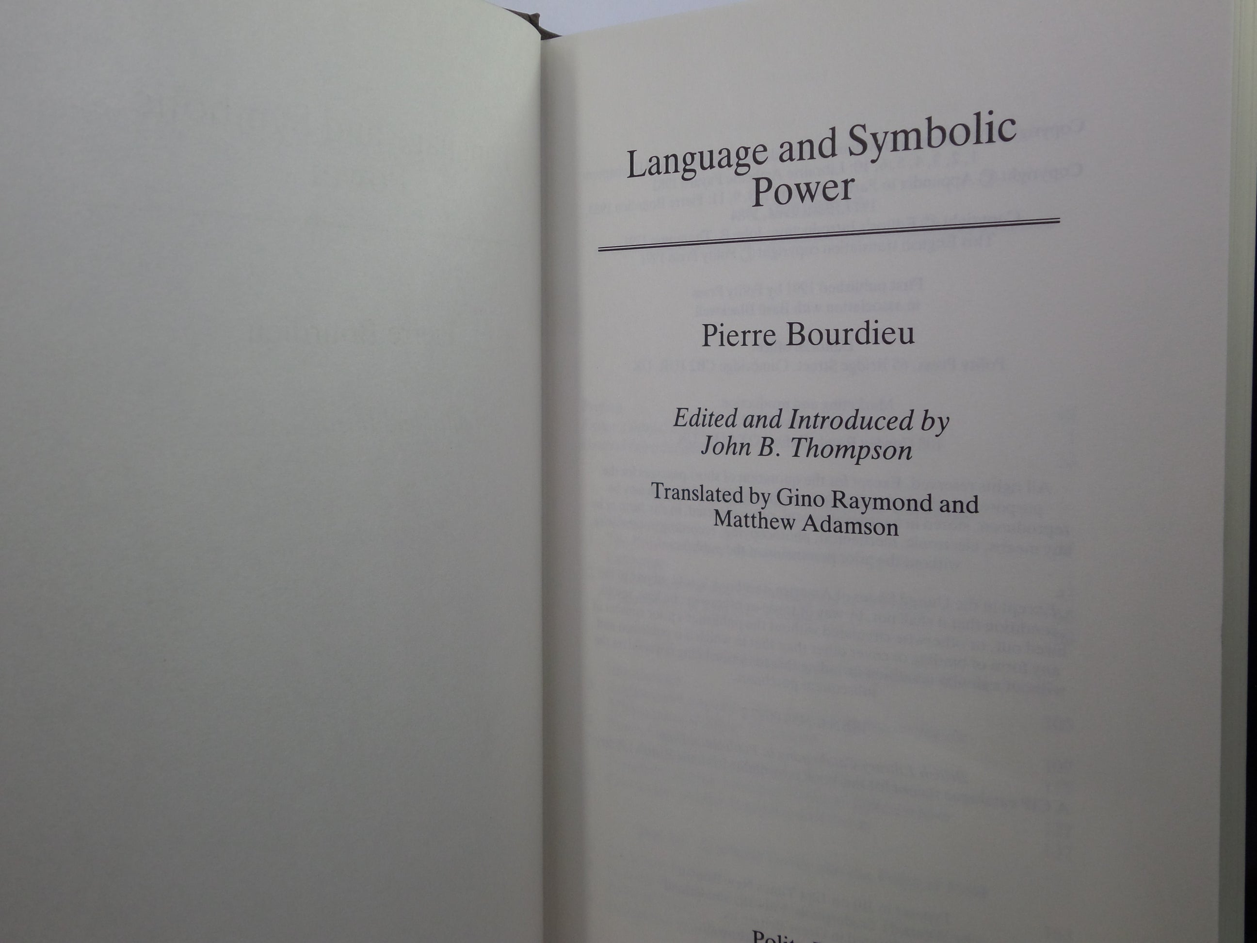 LANGUAGE AND SYMBOLIC POWER BY PIERRE BOURDIEU 1991 HARDCOVER