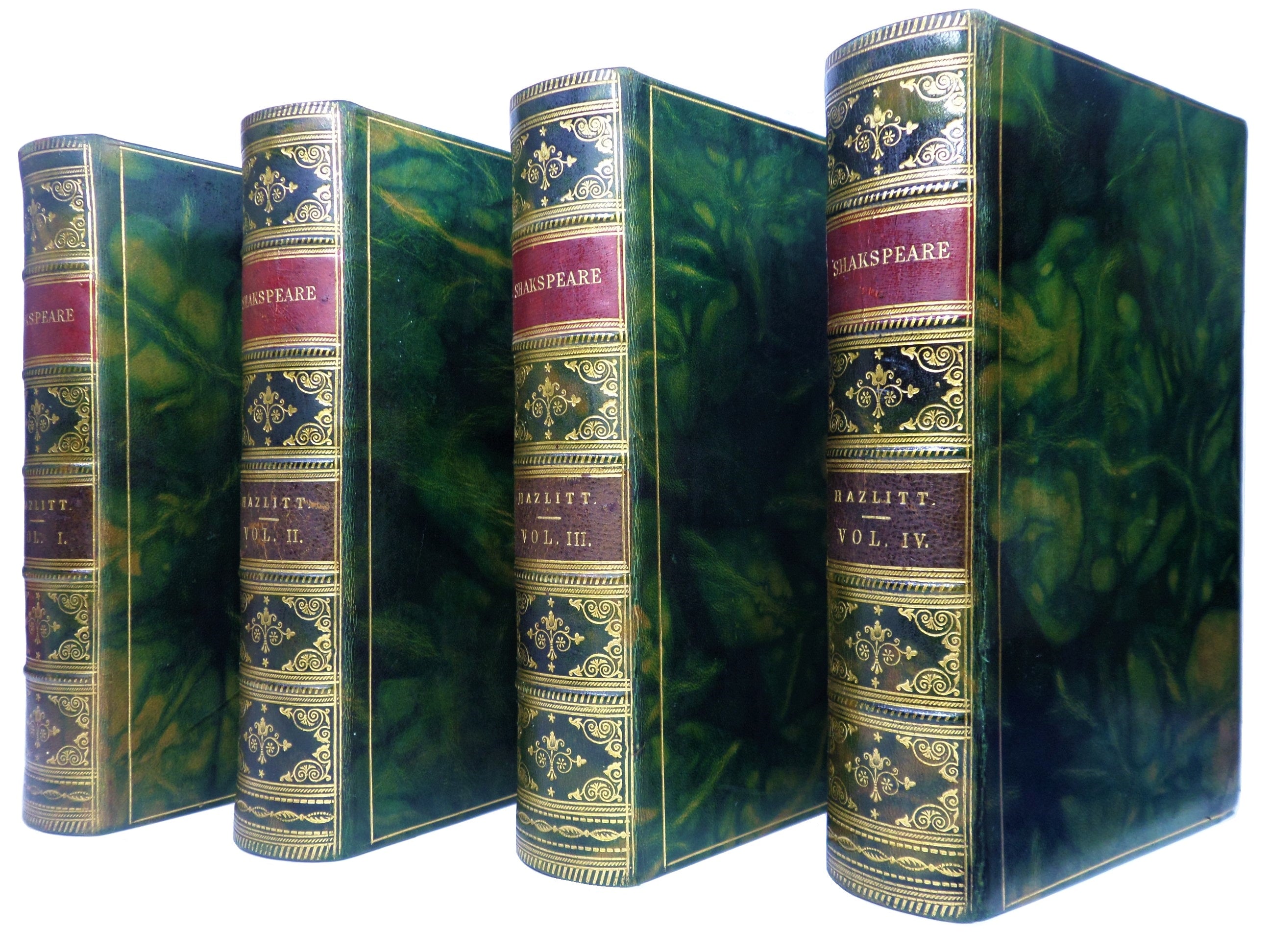 THE DRAMATIC WORKS OF WILLIAM SHAKESPEARE IN FOUR VOLUMES 1857 FINE MARBLED CALF