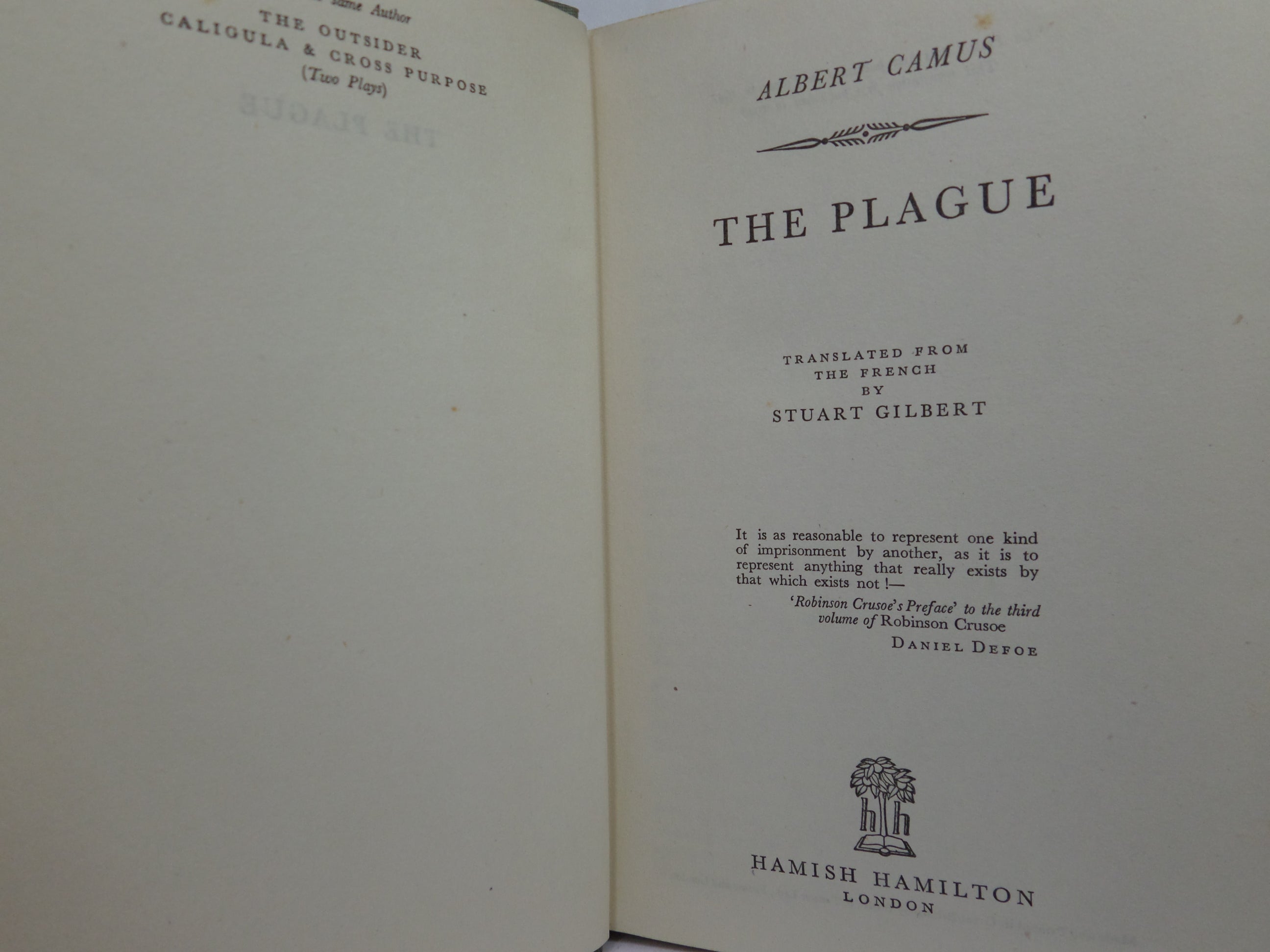 THE PLAGUE BY ALBERT CAMUS 1948 FIRST EDITION