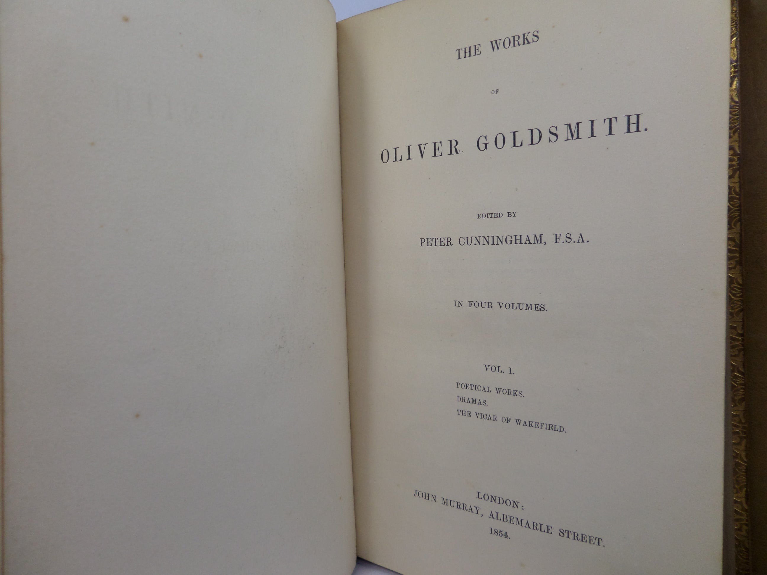 THE WORKS OF OLIVER GOLDSMITH 1854 LEATHER BOUND IN FOUR VOLUMES