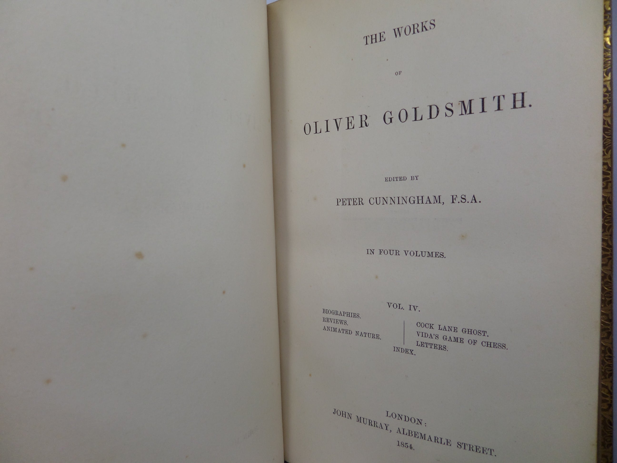 THE WORKS OF OLIVER GOLDSMITH 1854 LEATHER BOUND IN FOUR VOLUMES