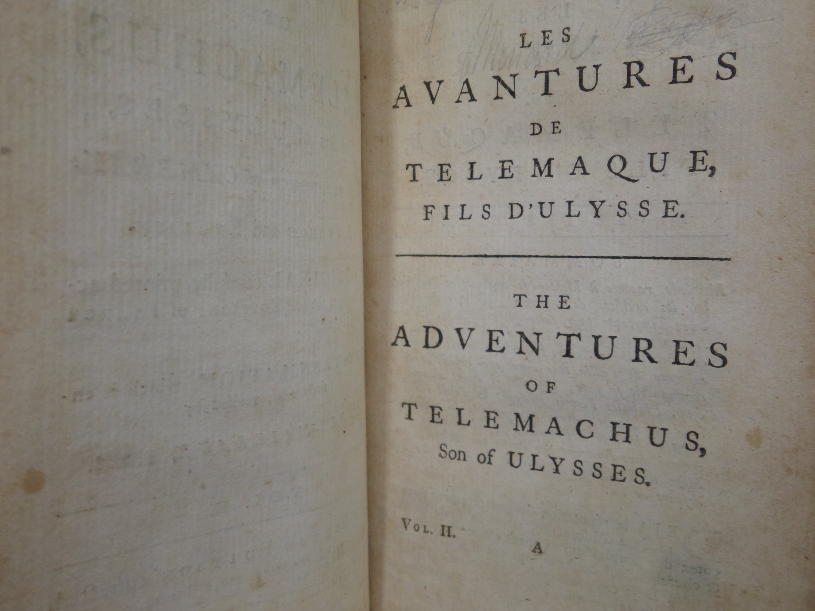 THE ADVENTURES OF TELEMACHUS IN FRENCH & ENGLISH BY FRANCOIS FENELON 1754