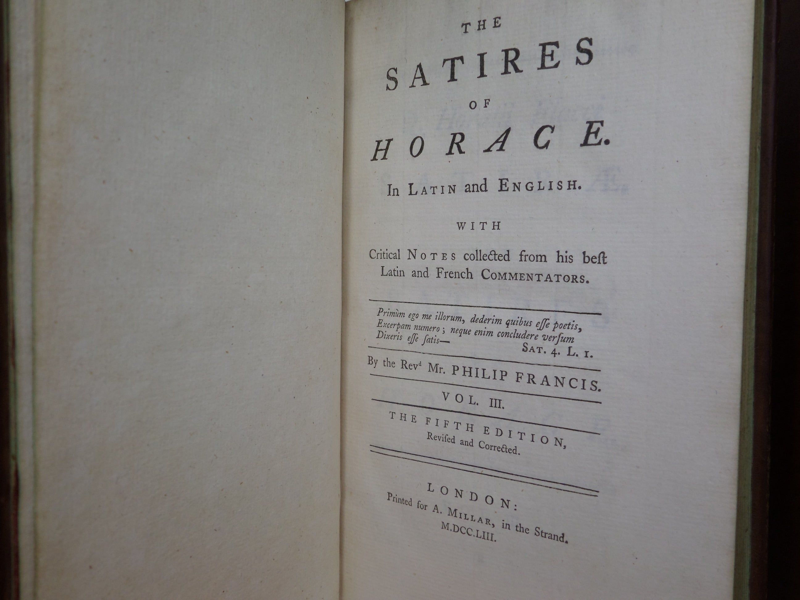 THE WORKS OF HORACE IN LATIN AND ENGLISH BY PHILIP FRANCIS 1753 LEATHER BOUND