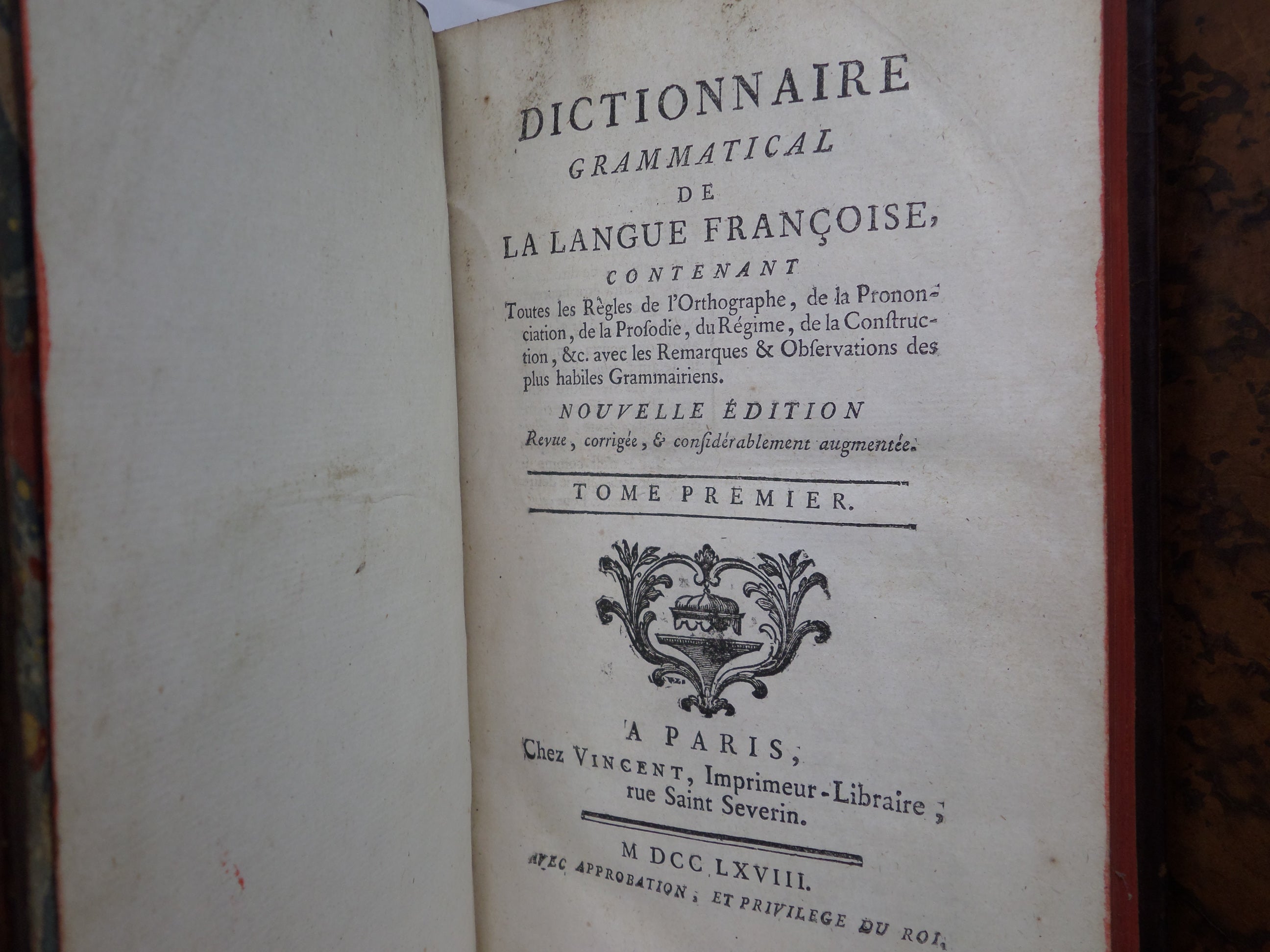 DICTIONNAIRE GRAMMATICAL DE LA LANGUE FRANCOISE 1768 LEATHER BOUND IN TWO VOLS