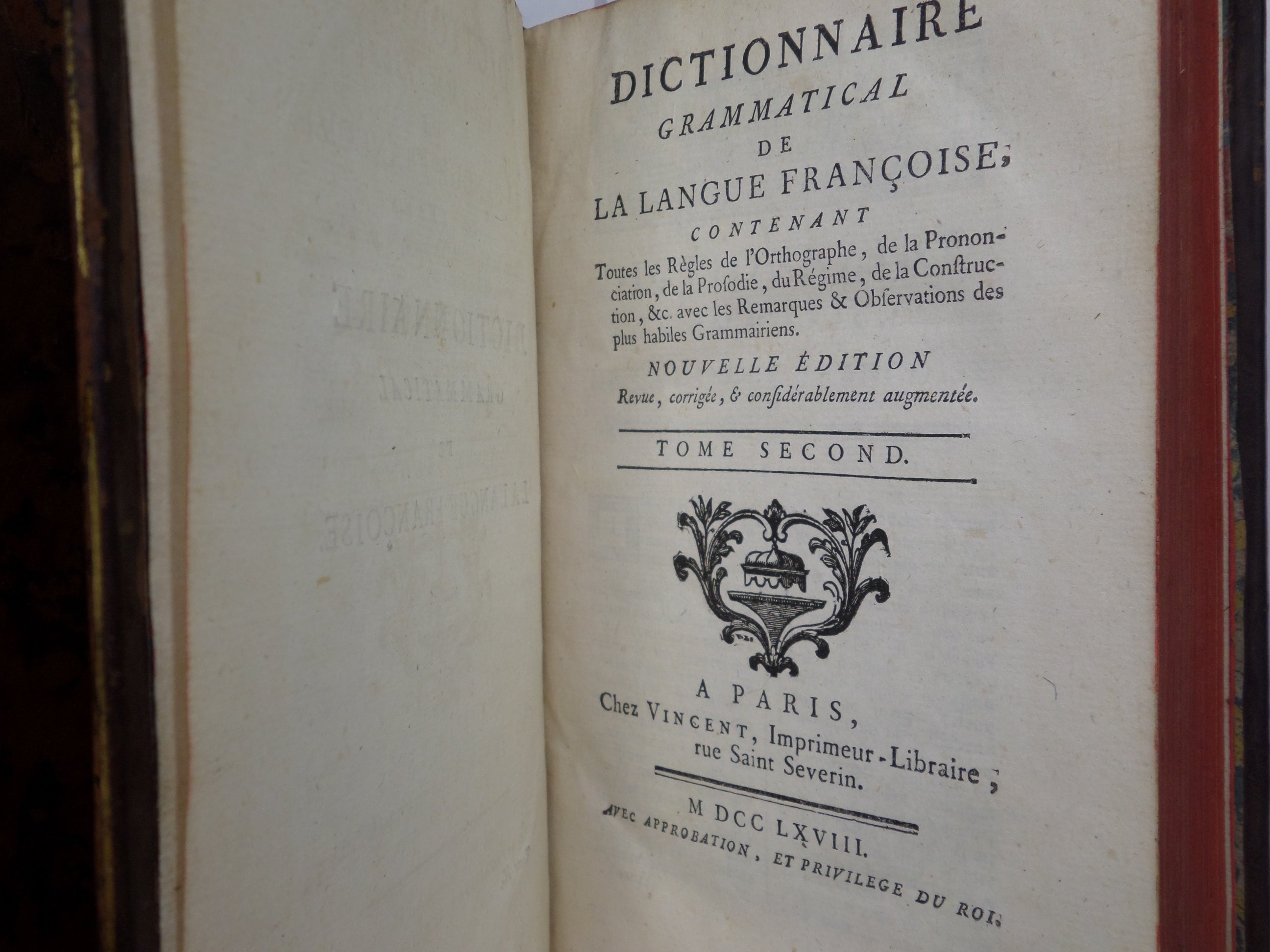 DICTIONNAIRE GRAMMATICAL DE LA LANGUE FRANCOISE 1768 LEATHER BOUND IN TWO VOLS