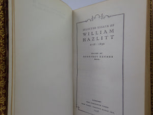 SELECTED ESSAYS OF WILLIAM HAZLITT 1946 BAYNTUN RIVIERE FINE BINDING
