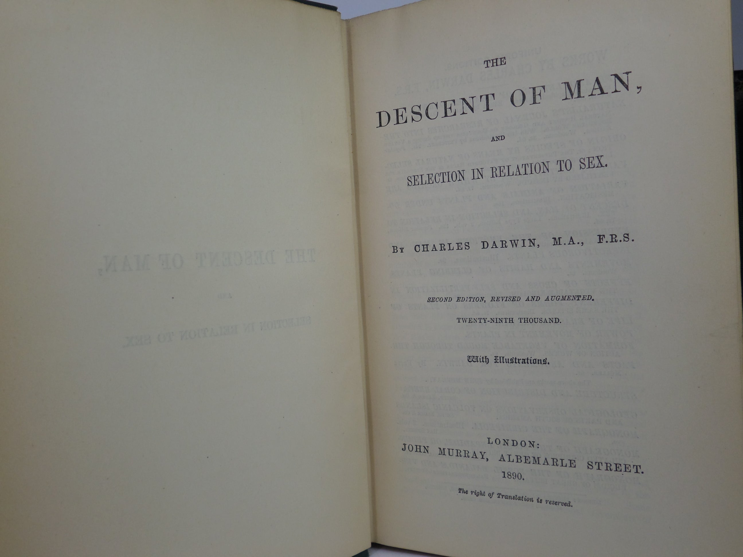 THE DESCENT OF MAN BY CHARLES DARWIN 1890